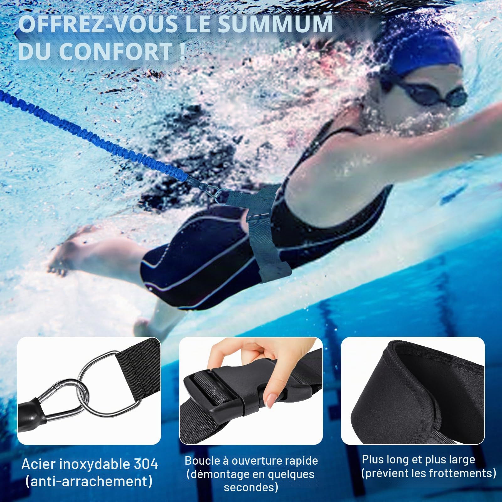 Sangle de Natation pour Piscine - Entraîneur de Natation Professionnel avec résistance réglable de 2,5 à 7,5 m - Ceinture d'entraînement pour Adultes- Entraînement de Piscine sans système