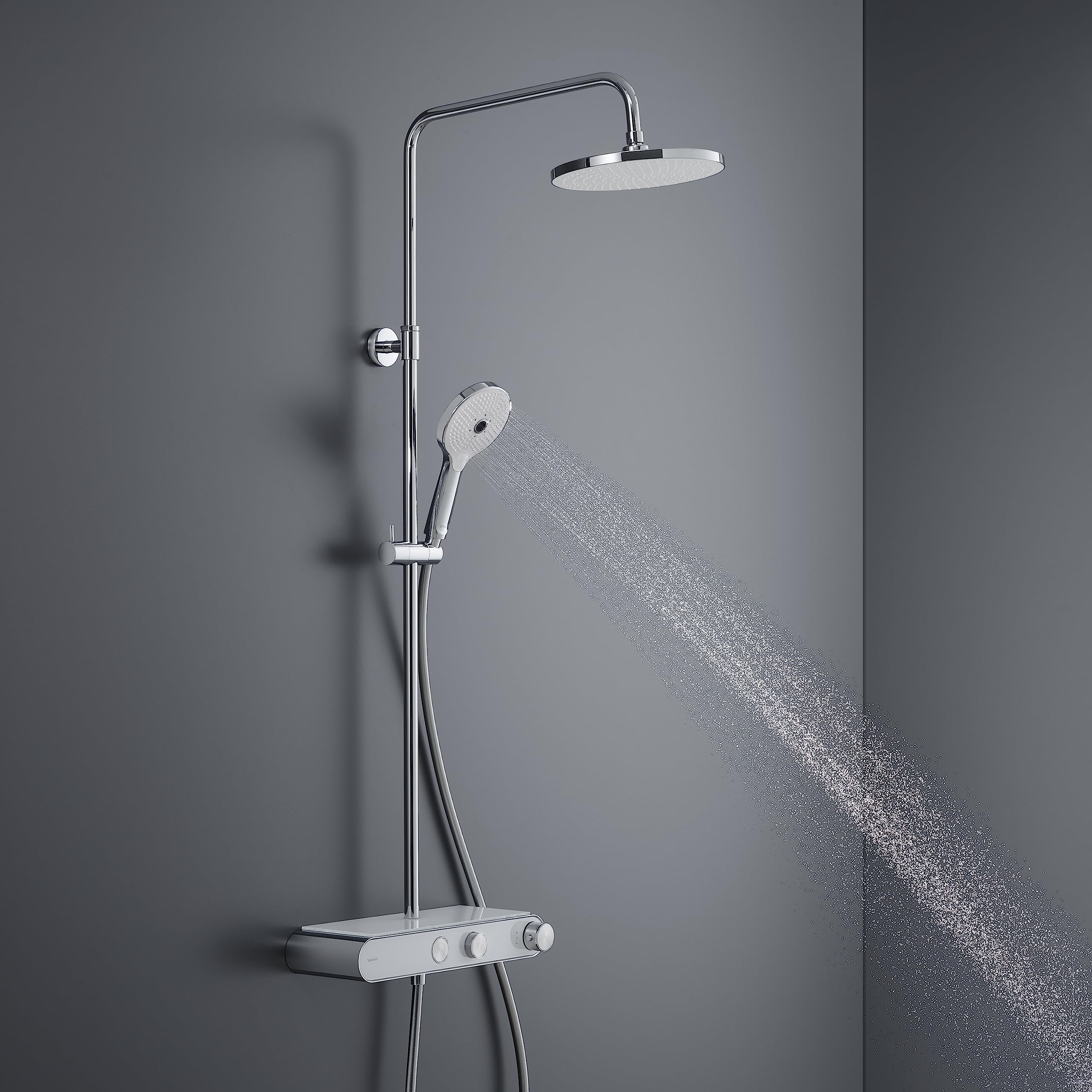 Duravit Duschsystem, wassersparendes Shower System, Duschkopf mit 3 Strahlarten (Rain, Pulse, Mono), im Winkel verstellbar, Duschset reinigungsfreundlich, Duschsystem mit Thermostat, Chrom/Weiß