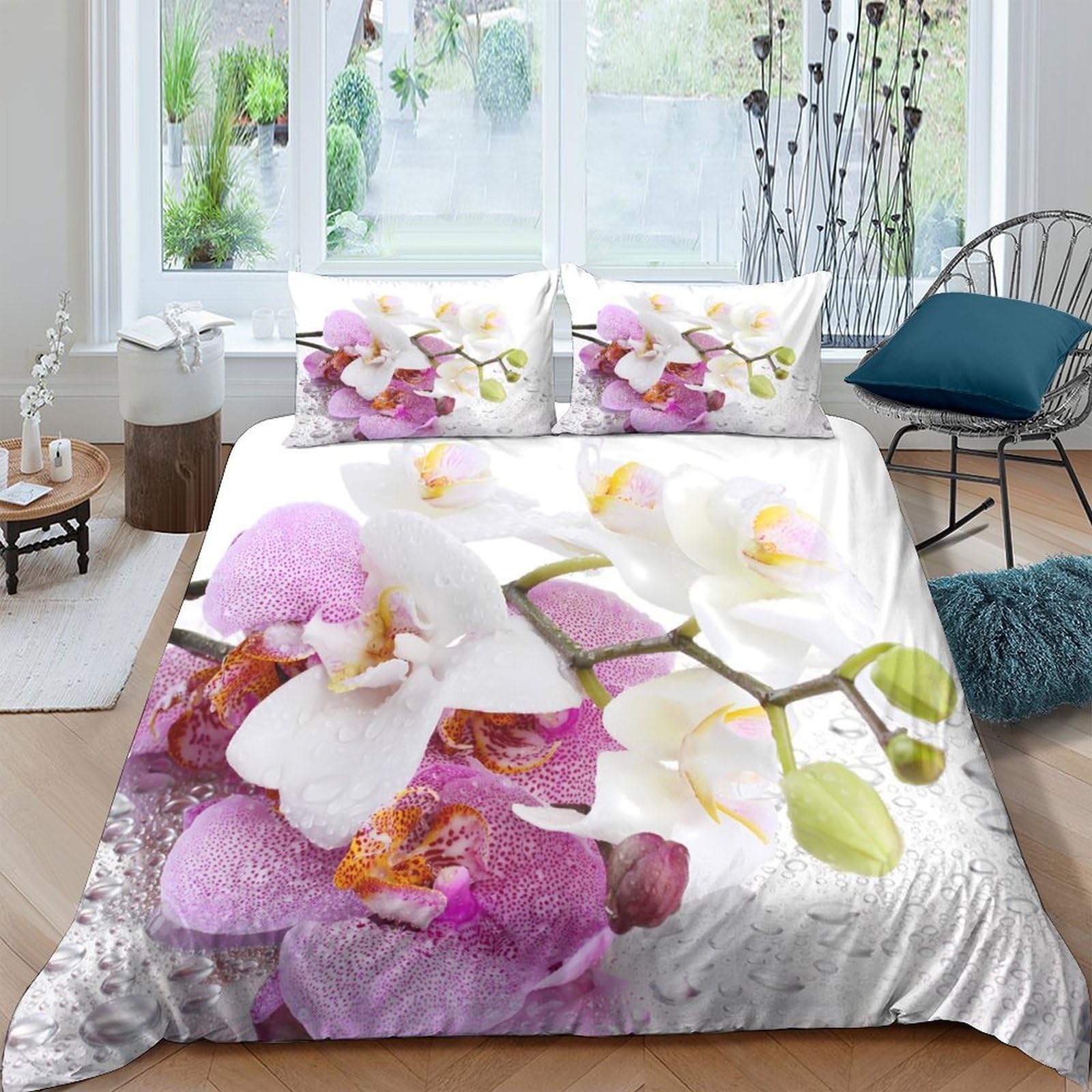Ctjqhvkz Style-8 3D Printed Orchid Blossom Fitted Sheet Microfiber Soft Pink White Floral Bed Cover For Bedroom Guest Room Mattress Protection Single（135X200cm）