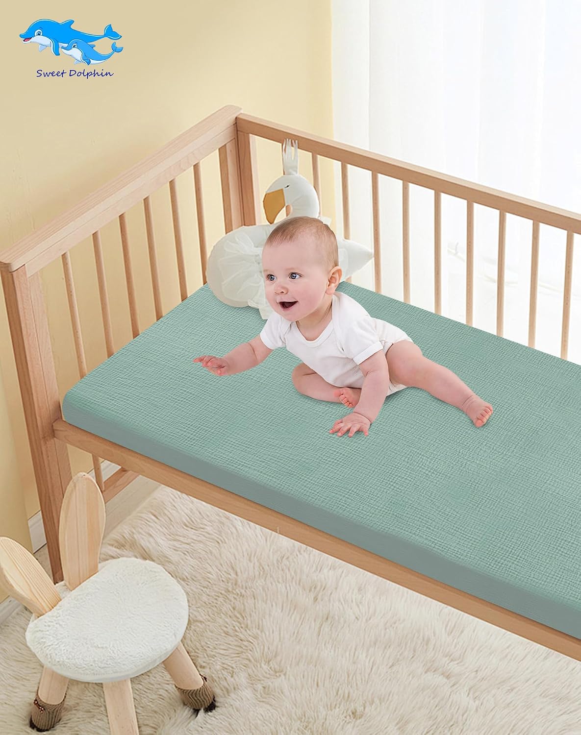  2-Pack Muslin Crib Sheets for Boys & Girls, Ultra Soft Breathable 40S Long-Staple Cotton Fitted Baby Sheets for Standard Crib Mattress 52"x28", Light Teal- Nursery Essentials thumbnail