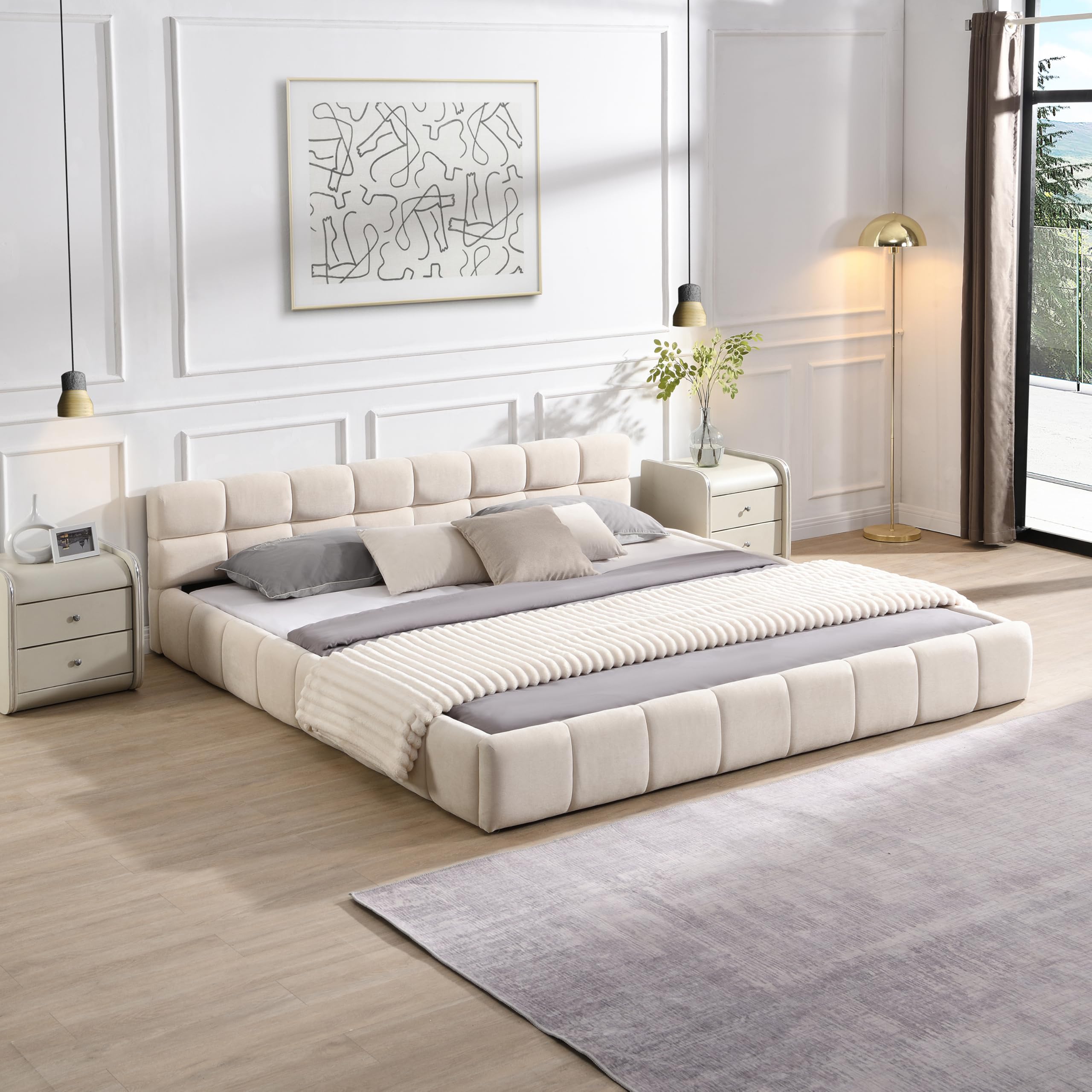 Photo 1 of Ball & Cast King Size Grounded Bed Frame,Chenille Upholstered Platform Bed with Checkerboard Design,Wood Slats Support,No Box Spring Needed,Easy Assembly,White