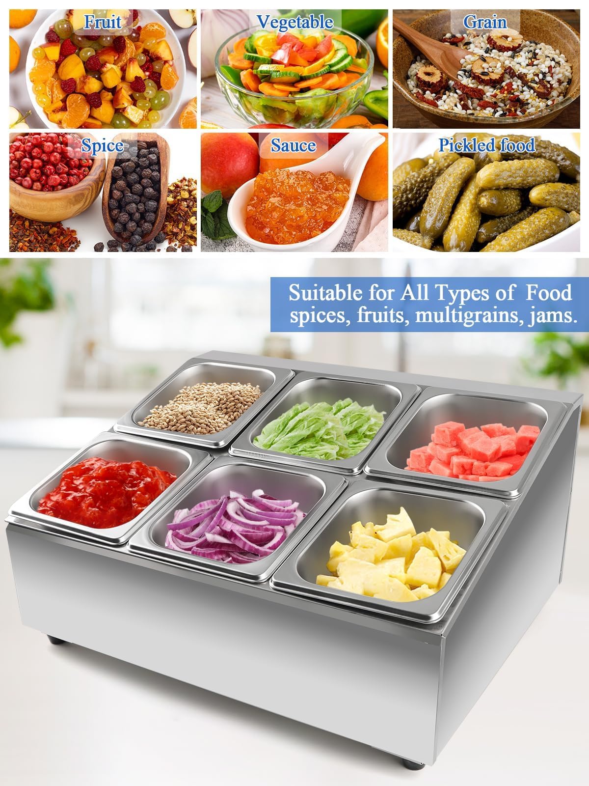 TOROKOM 6 Pfannen Edelstahl Zutatenbehälter Gewürz Organizer aus Edelstahl Salatbar Buffet Station mit Löffeln Kühlboxen Buffet Behälter Set für Soßen Zutaten Küche Restaurant Speisekammer