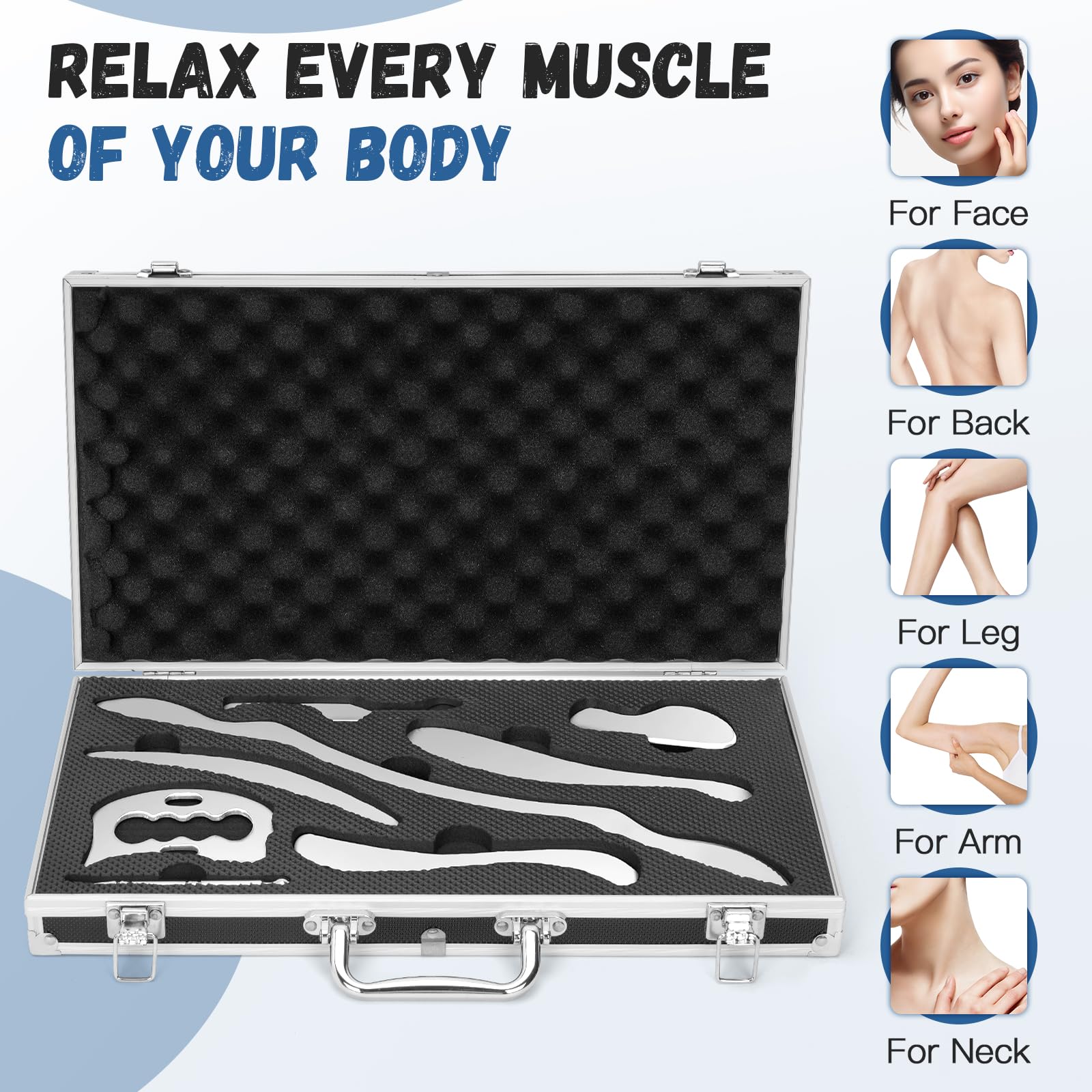 Zestaw 8 w 1 Gua Sha skrobak do mięśni ze stali nierdzewnej do fizjoterapii ciała Gua Sha z organizerem Narzędzie do masażu tkanek miękkich do SPA, masażu, redukcji bólu mięśni, pielęgnacji