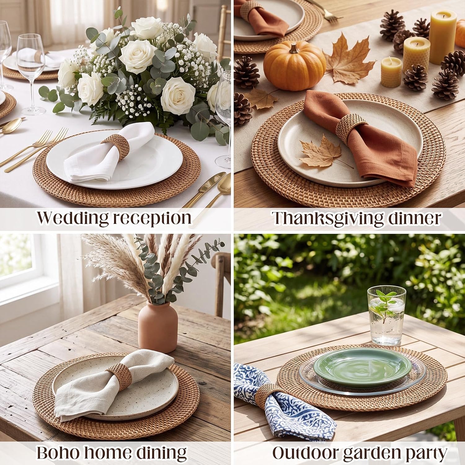 Set of 4 Rattan Charger Plates with Napkin Rings 13 Inch Woven Chargers for Dinner Plates Round Wicker Napkin Rings for Boho Farmhouse Table Decoration Wedding Thanksgiving(Brown)