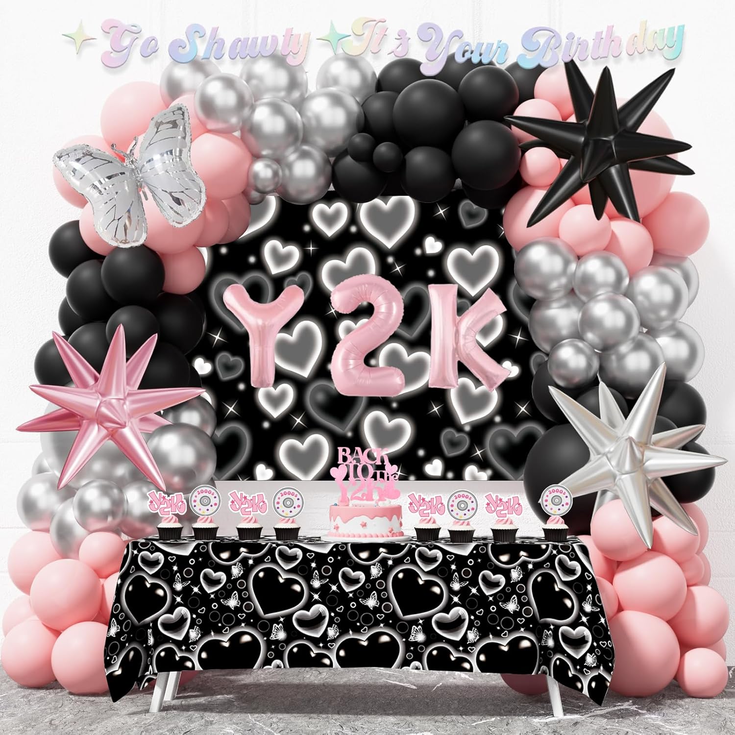 Y2k Party Decorations – 109 PCs 2000 the Party Supplies with Backdrop, Tablecloth, Balloon Garland, Banner, Cake Topper, Star Foil Balloons, Cupcake Toppers