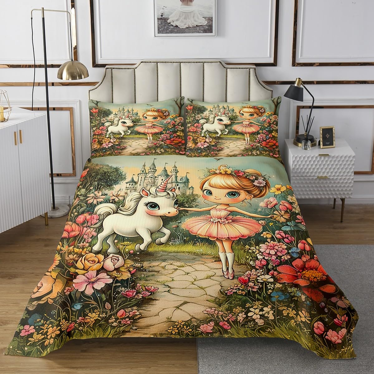 jejeloiu Unicorn Coverlet Set Twin Size Girl Dreamy Horse Bedspread for Kids Boys Girls Decor Castle Flowers Coverlet Floral Printed