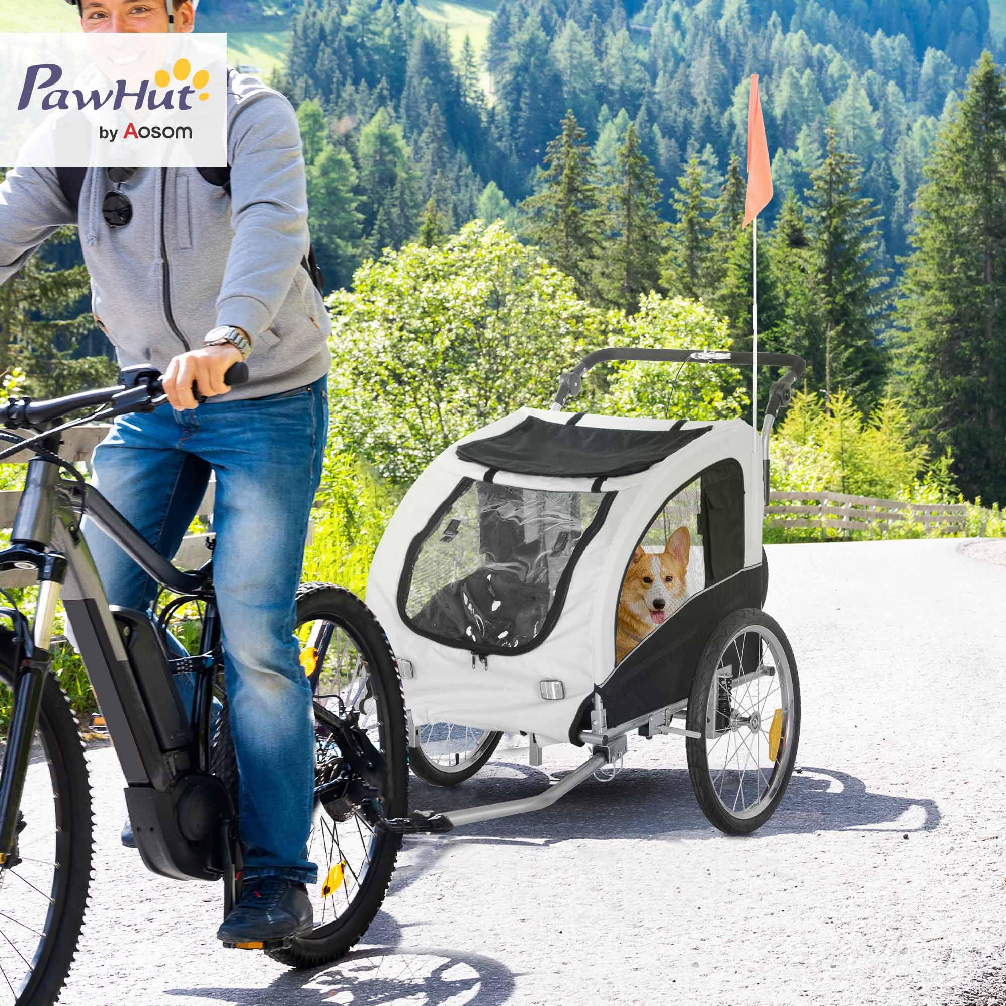 PawHut 2-in-1 Hundeanhänger, Fahrradanhänger für Hunde, Hundewagen mit Reflektoren, Fahne, Hundefahrradanhänger Hundebuggy, Oxford-Gewebe