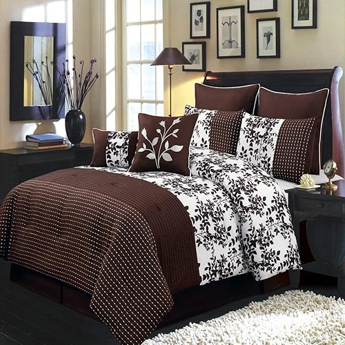 Deluxe Tradition Bliss 8 Pieces Luxury Full Comforter Set Featuring Floral Embroidered Design in Chocolate & White Bed in A Bag Includes Comforter, Skirt, Throw Pillows, Pillow Shams