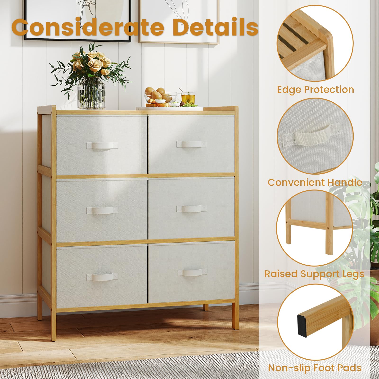 KOMFOTTEU Cassettiera con 6 cassetti pieghevoli in tessuto, cassettiera in bambù a 3 livelli, mobile organizer con dispositivo antiribaltamento, armadio di stoccaggio per camera da letto, soggiorno