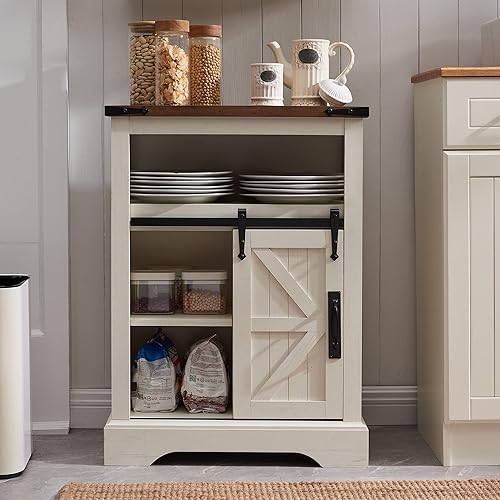 Miniatura 8 de OKD Armario de suelo de baño armario de almacenamiento de granja con puerta corrediza de granero y cajones de almacenamiento pequeño armario de