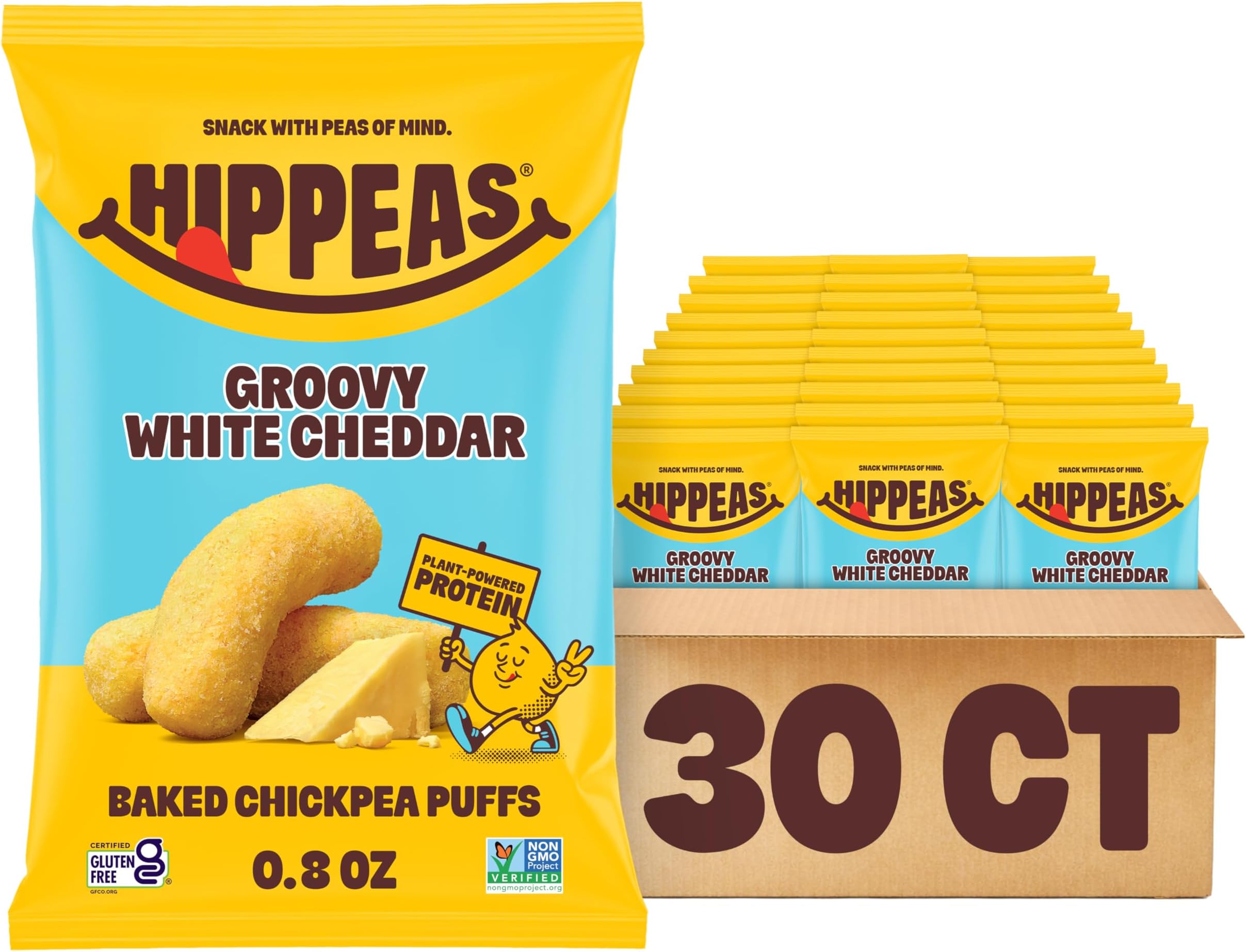 HIPPEAS Chickpea Puffs, Groovy White Cheddar, Gluten Free Snacks, Dairy Free, Vegan, 0.8oz, Pack of 30, 3g Protein, 2g Fiber, Crunchy, Nutritious, Baked Plant Protein Snack, Non-GMO, Kosher