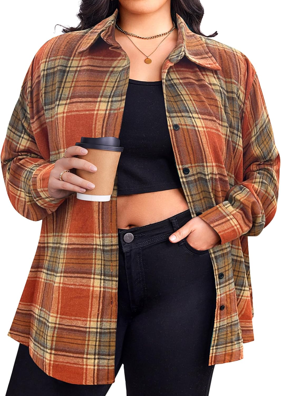 Zeagoo Womens Plus Size Flannel Shirts Plaid Shirts Long Sleeves Casual Button Down Collared Shacket Tops