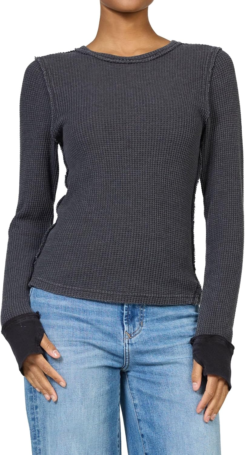 DEAR JOHN Ania Top Women’s Slim Fit Thermal Crew Neck Long Sleeve Waffle Knit Top