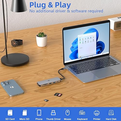 Miniatura 5 de TOTU - Estación de acoplamiento, adaptador multipuerto USB C 6 en 1 con HDMI 4K, 100 W PD, 2 USB 3.0, ranura para tarjeta SDTF para portátiles USB C