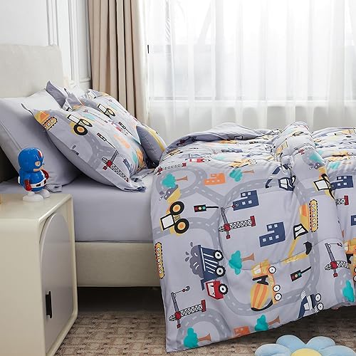 Miniatura 4 de Mooreeke Juego de edredón matrimonial para niños de 8 piezas de color gris excavadora para adolescentes, ropa de cama de microfibra suave para niños