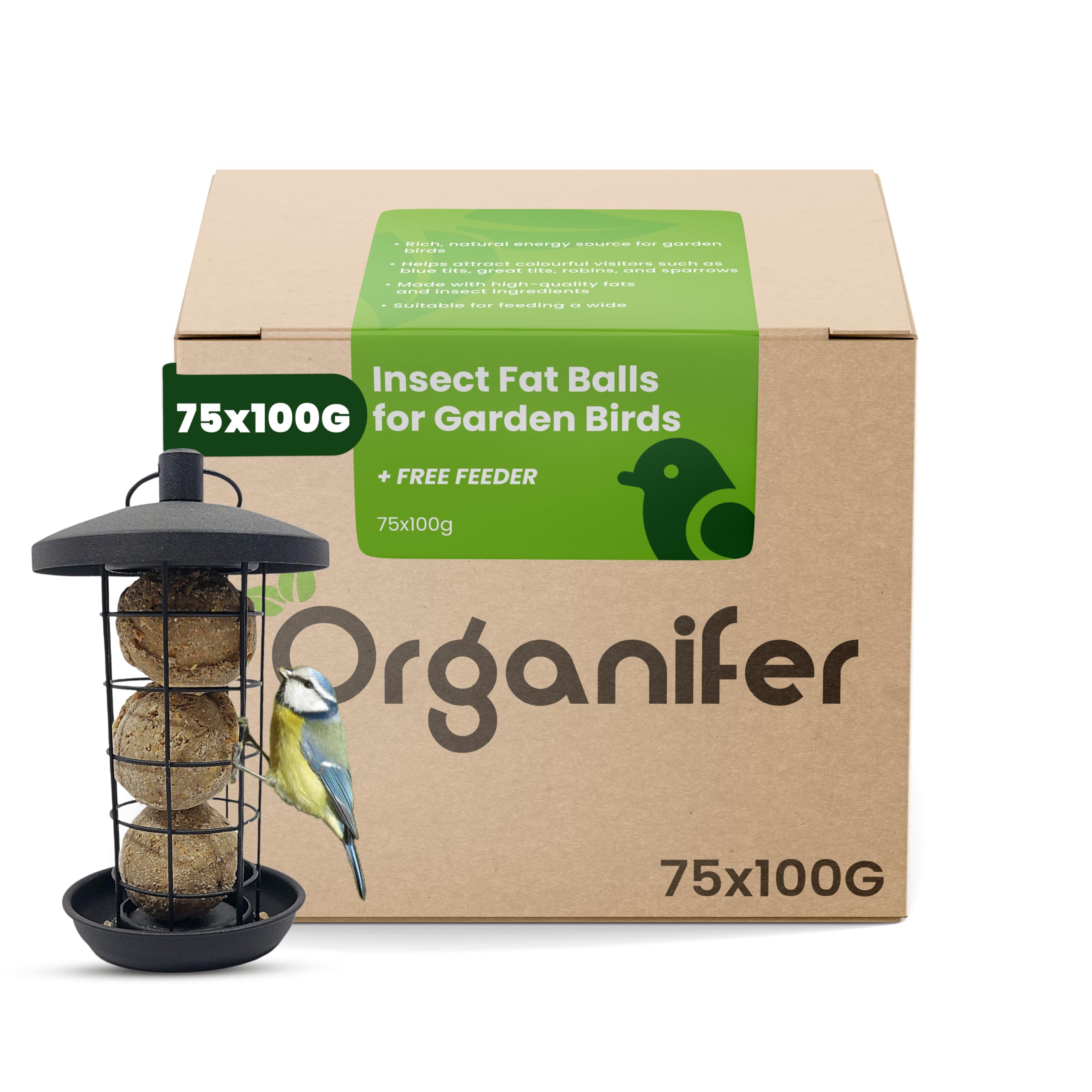 Bolas De Grasa para Insectos para Pájaros De Jardín - 75x100g | Con Soporte Gratuito - Con Gusanos De Harina Y Semillas De Girasol - Organifer