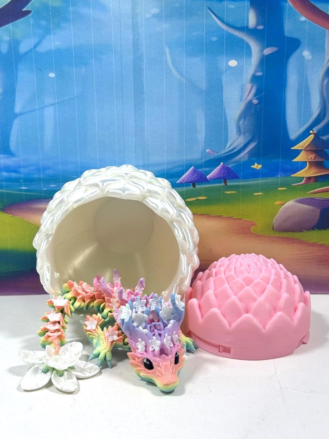 Baby Dragon and Dragon Egg, 3D Printed Baby Dragon, 6" Rainbow Cherry Blossom Dragon, Fidget ADHD Autism Toy BD004-MAC-WPE
