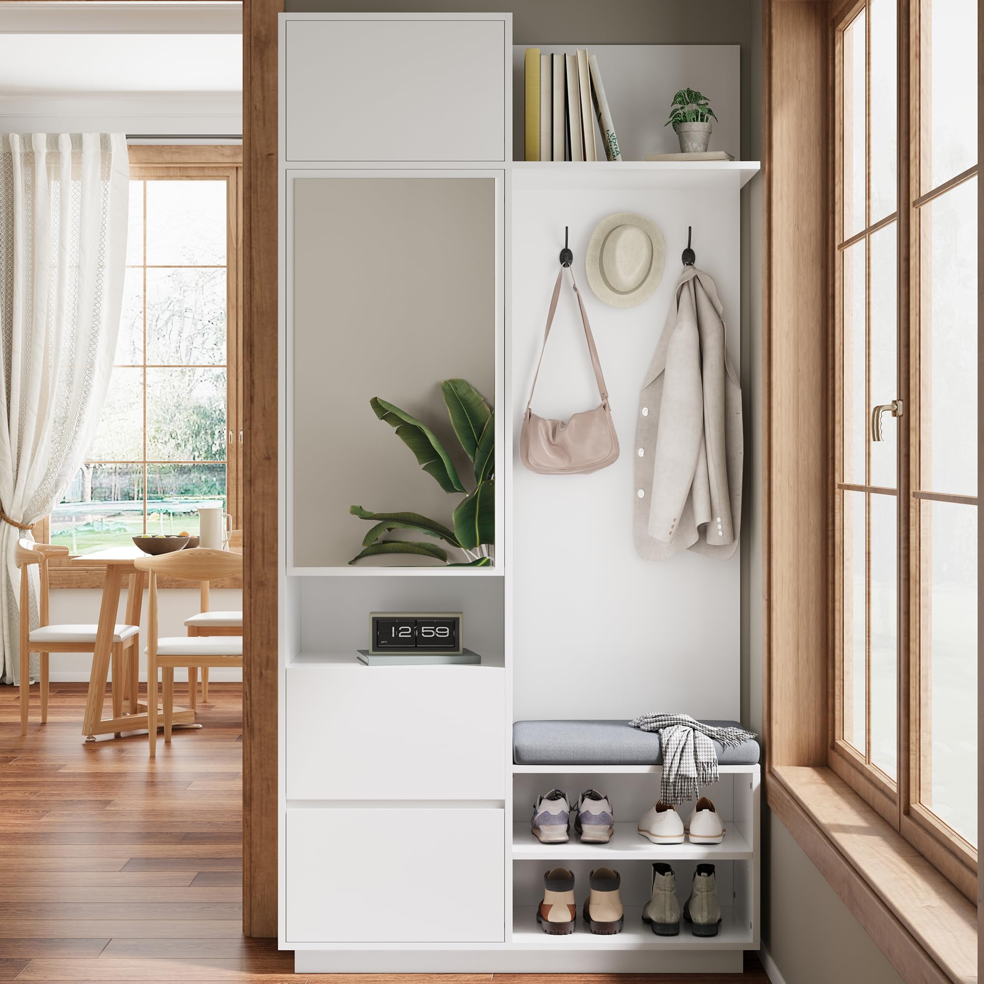 Perchero compacto con espejo, banco y zapatero, perchero de pasillo con gancho y estante, juego de muebles de pasillo que ahorra espacio para pasillo y entrada, 90 x 34,5 x 190 cm (blanco)