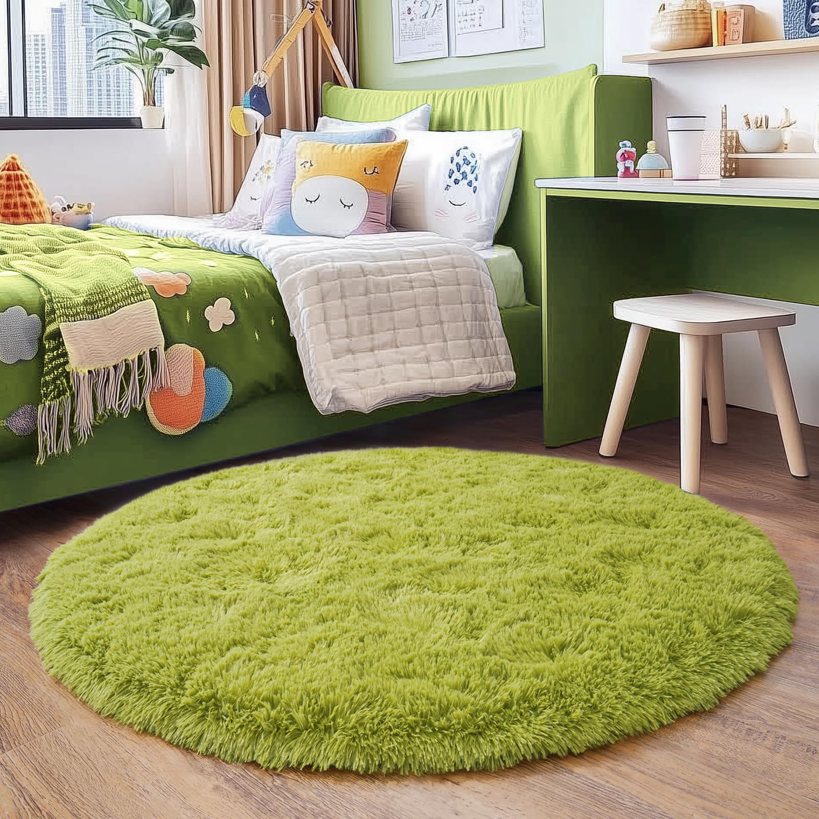 Quntue 4'x4' Grass Green Round Rug for Bedroom, Ultra Soft Fluffy Circle Rug for Kids Girls Boys Room, Cute Shag Rugs for Living Room Playroom Tent