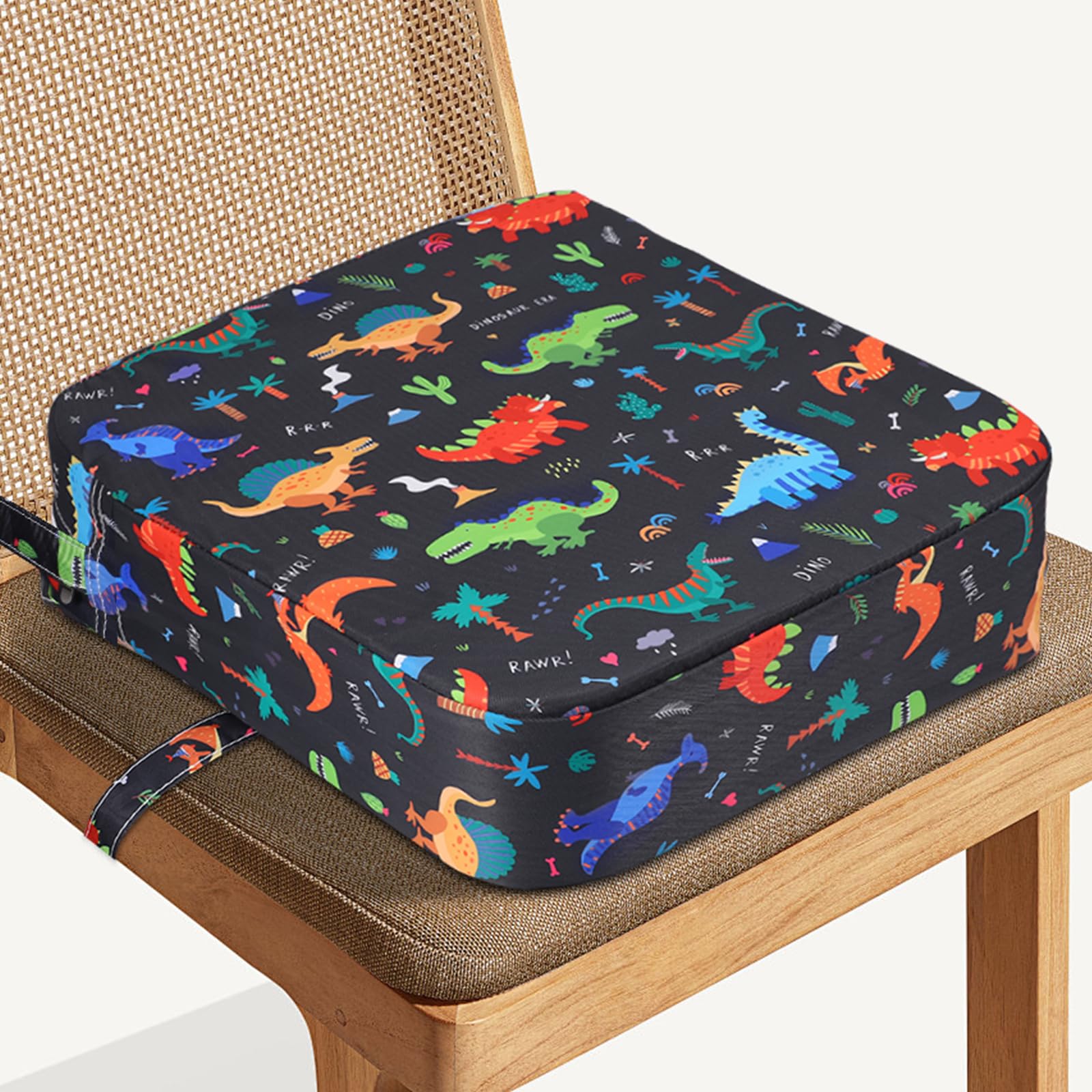 Rialzo Sedia Bambini 8cm, con 2 Cinghie di Sicurezza Anti-Scivolo, Protezione Lavabile, Portatile in Schiuma ad Alta Densità, per Mangiare, Suonare il Pianoforte, Viaggi (Dinosauri Neri)