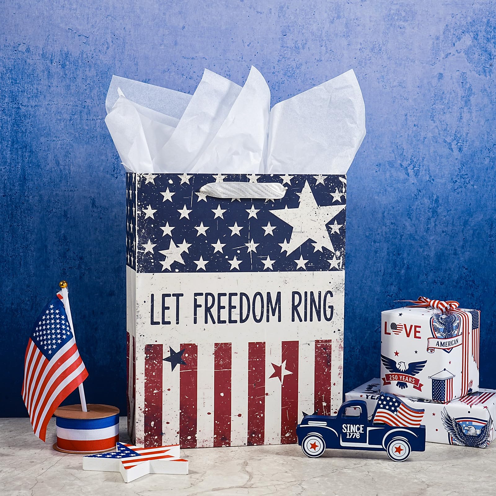 LeZakaa 13" Patriotic Gift Bag with Tissue Paper, Let Freedom Ring American Flag Gift Bag for 4th of July Independence Day Party Gifts, Memorial Day, 13" x 10" x 5", 1 Pc