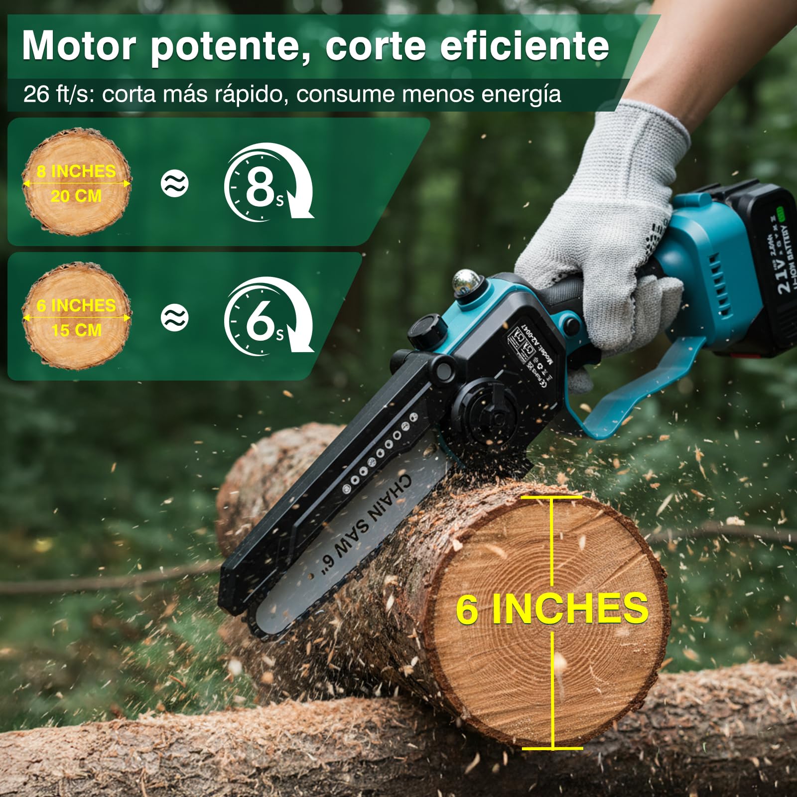 Motosierra a batería 6" - Motosierra de una mano con juego de 8" (2 en 1), engrasador automático, tensión de cadena sin herramientas, maletín, 2 barras guía y 2 cadenas con cubrecuchillas, sin batería