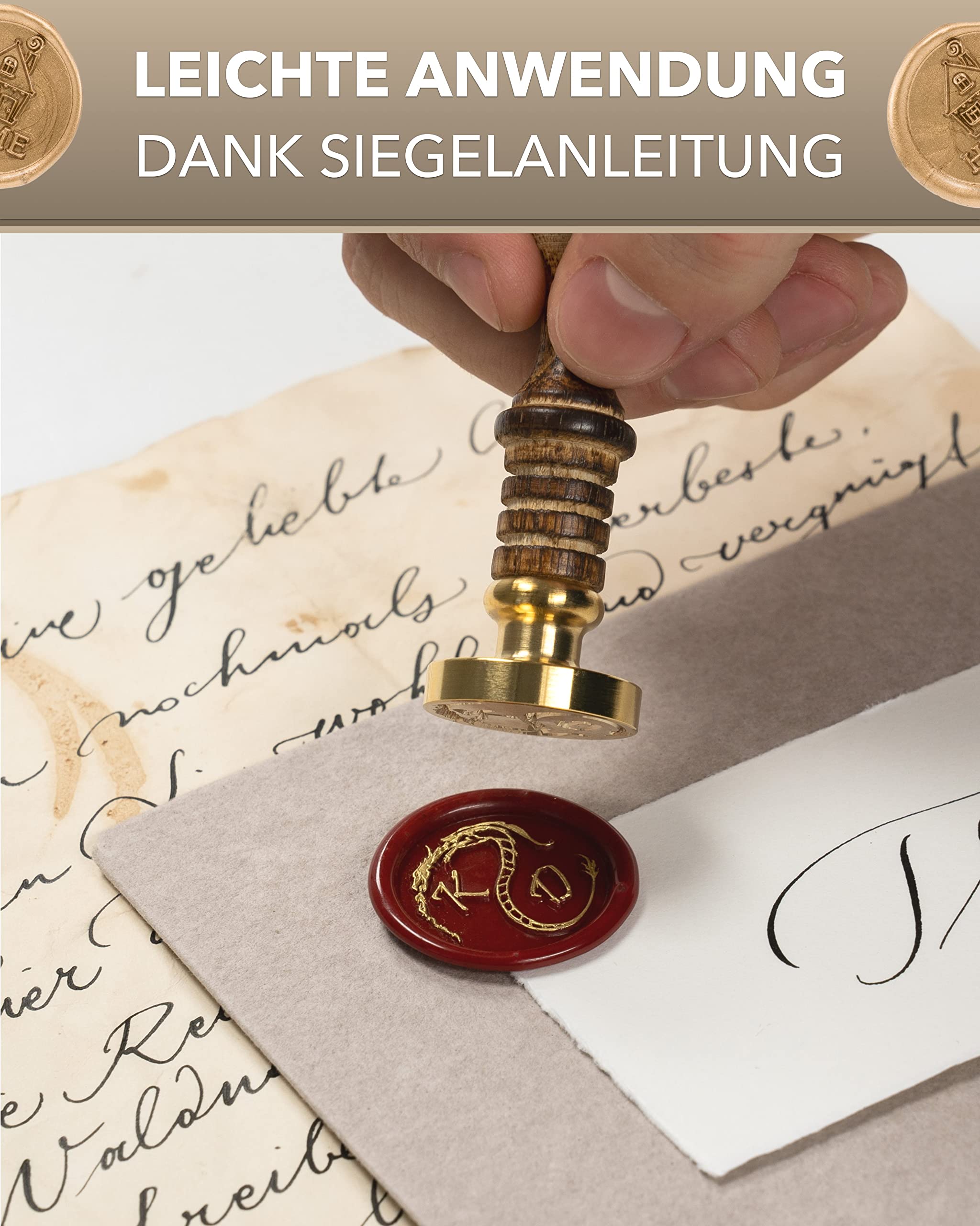 gravurART Siegelstempel personalisiert mit 3 Initialen - Deine Einladungen zur Hochzeit oder Save the Date mit Wachssiegel personalisiert in Schreibschrift - incl. Siegelwachs