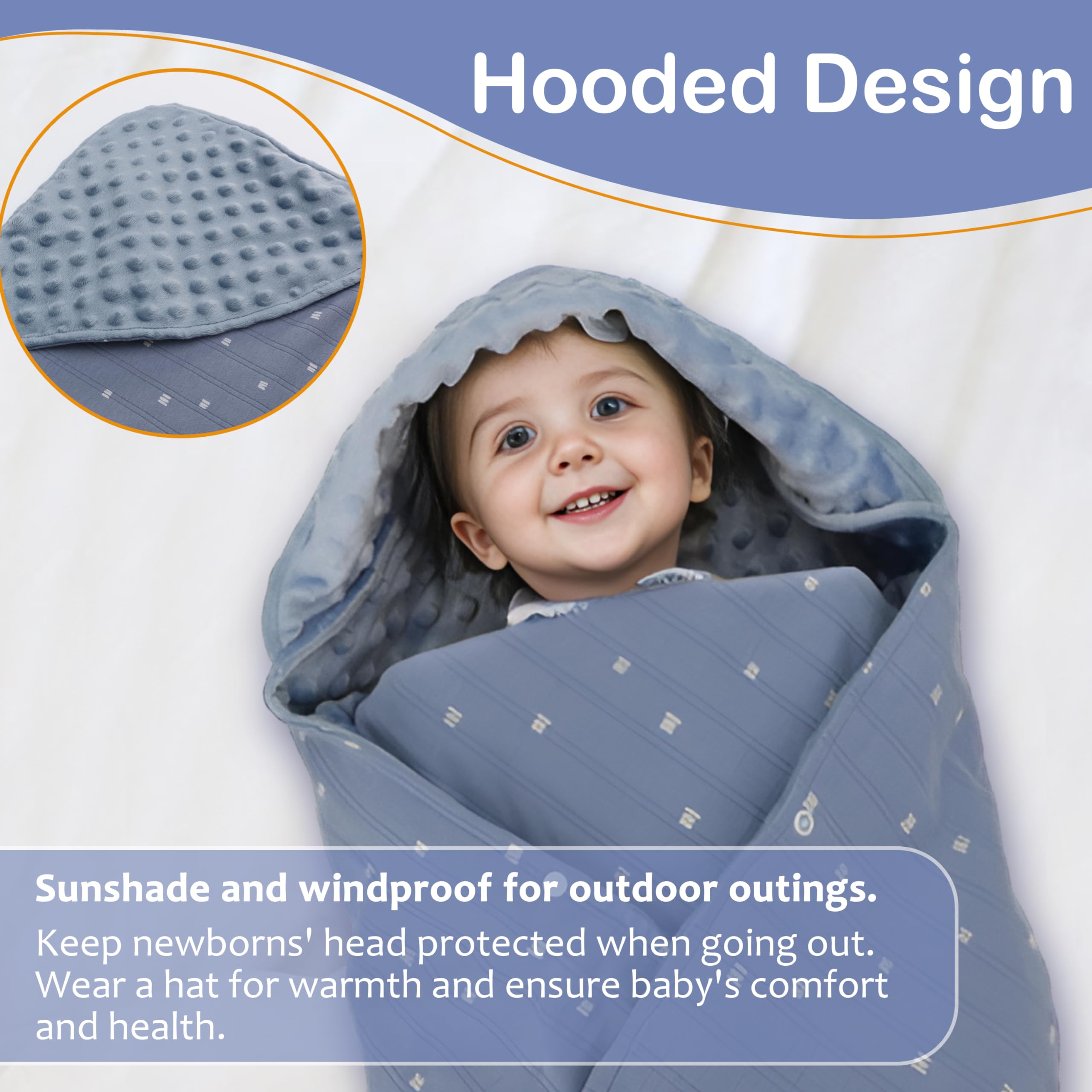 Coperta Avvolgente in 100% Cotone, 90*90cm Bifacciale Multifunzionale Copertina Accogliente con Cappuccio, Morbida Trapunta per Tutte le Stagioni, Adatto a Passeggino, Seggiolino, Unisex, Blu-grigio