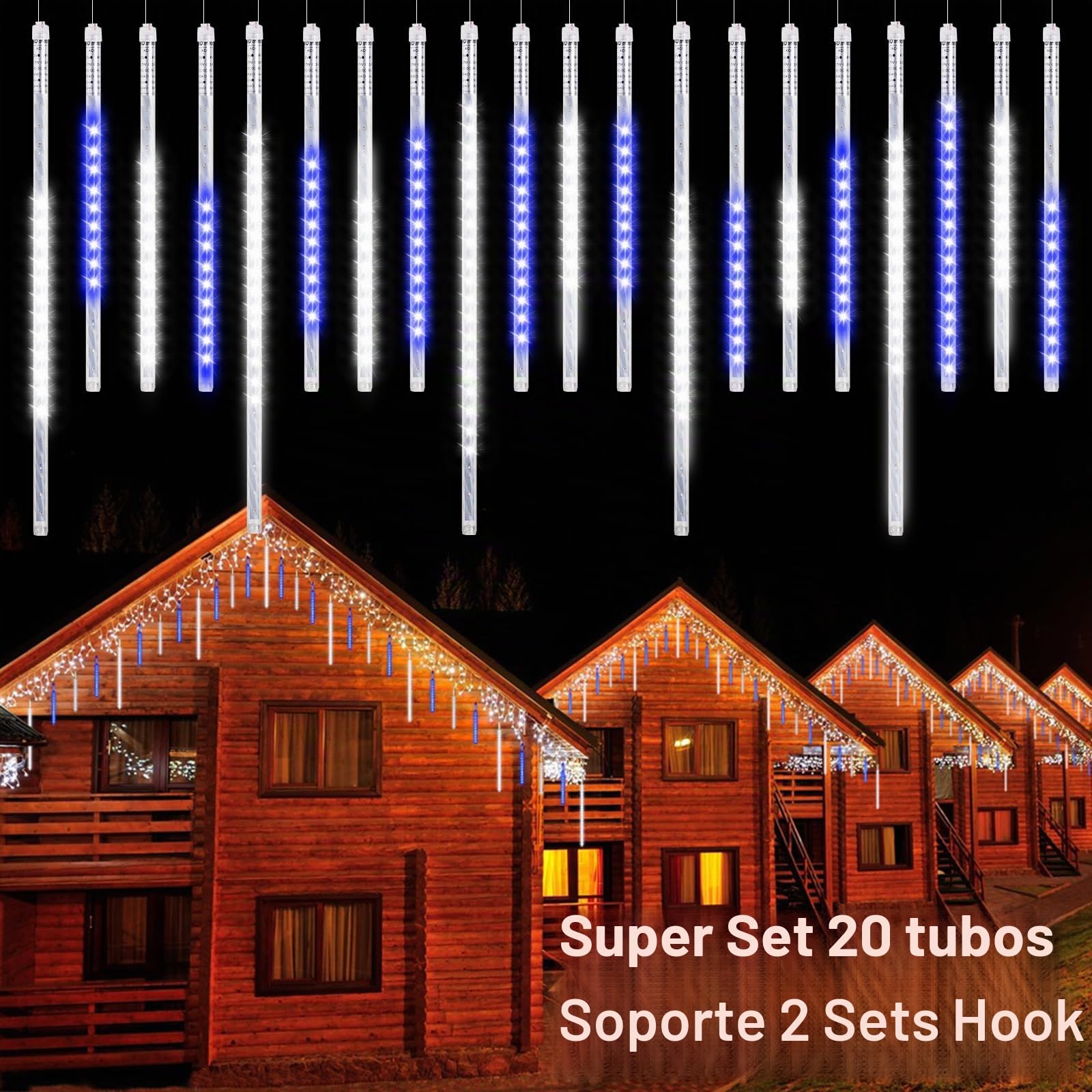 Luces de Navidad al aire libre, Luces de Lluvia de Meteoros 20 Tubos Espirales (50-30cm 720LEDs) Longitud 6.65m, Luces de Icicle Impermeables para Decoración Navideña al Aire Libre, Blanco-Azul