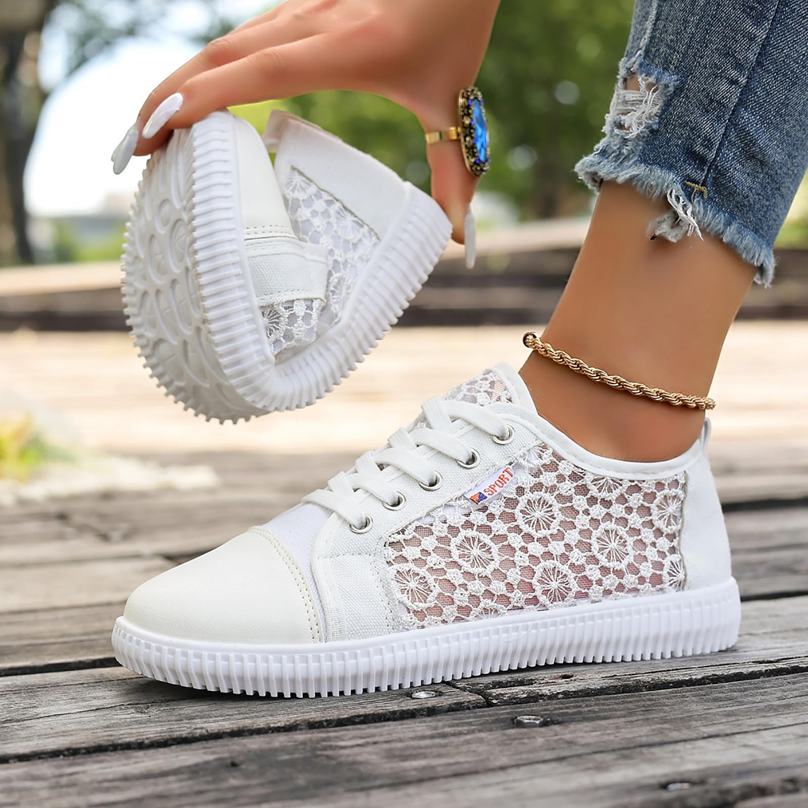 Générique Basket Toile Femme Été Confortables Tennis Toile Femme en Maille Aérée & Dentelle - Chaussures Plates Confort à Lacets Antidérapant - Baskets Décontractées Respirantes pour Randonnée Légère