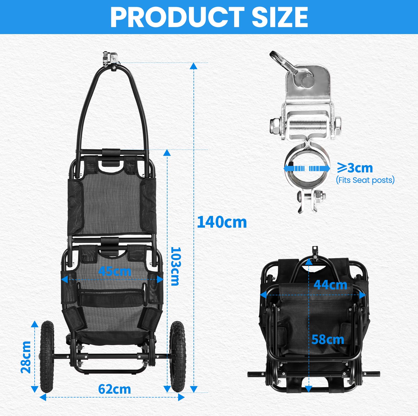 SEPNINE Rimorchio per carico bicicletta 2 in 1, carrello per la spesa, carrello a mano, telaio in acciaio legato, leggero pieghevole con pneumatici da 30 cm, peso di carico 20 kg