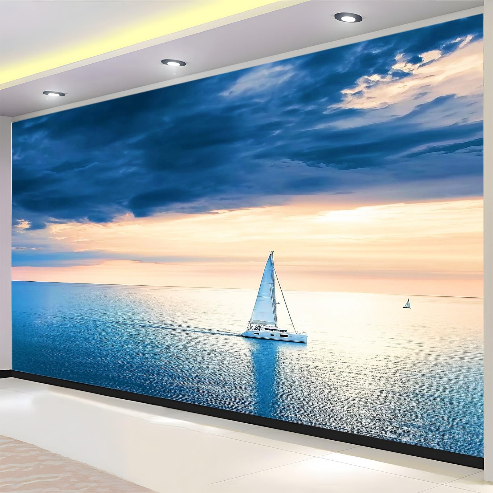 350 x 256 cm, fototapeta z włókniny, na wymiar, nowoczesna, morze, mała łódka, niebo, błękitny, fotorealistyczny, druk HD, tapeta na flizelinie, tapeta z motywem, dekoracja ścienna, dekoracja ścienna