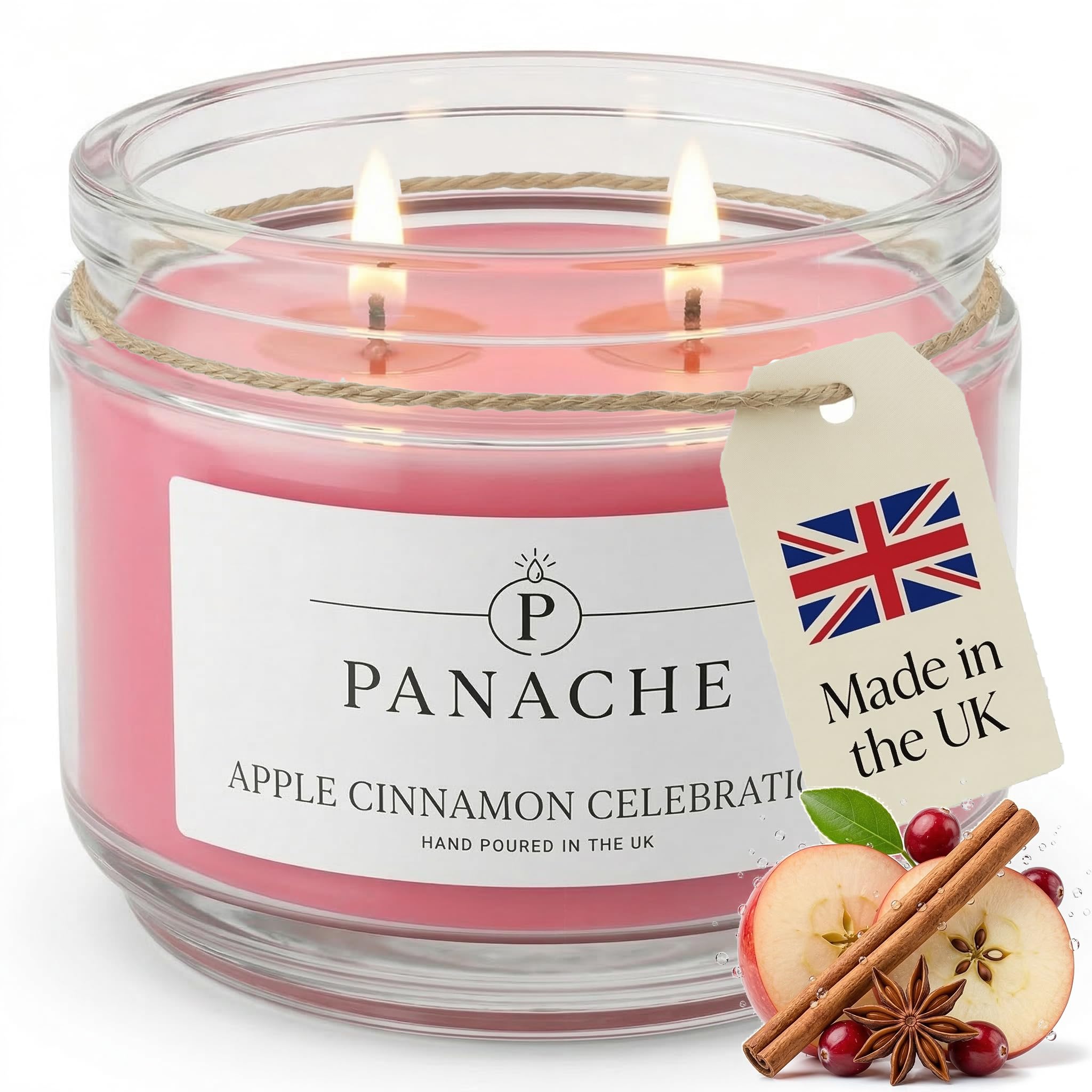 Panache Apple Cinnamon Celebration Scented CandleDouble WickFestive Fruity Spice Scent from B&Q