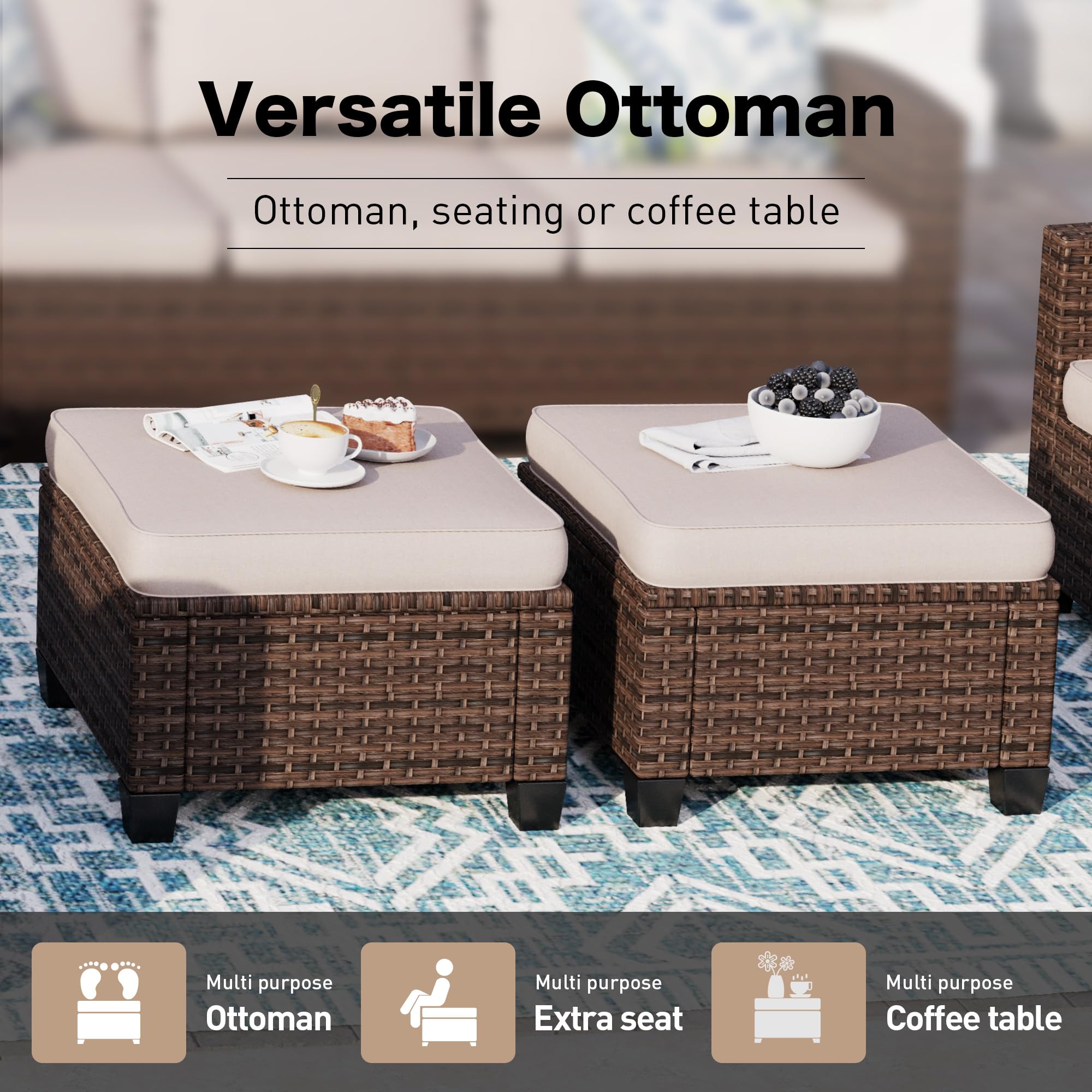 SUNSHINE VALLEY 2 Pieces Outdoor Patio Ottomans/Coffee Table/Single Seating with Brown Premium Wicker Rattan and 4