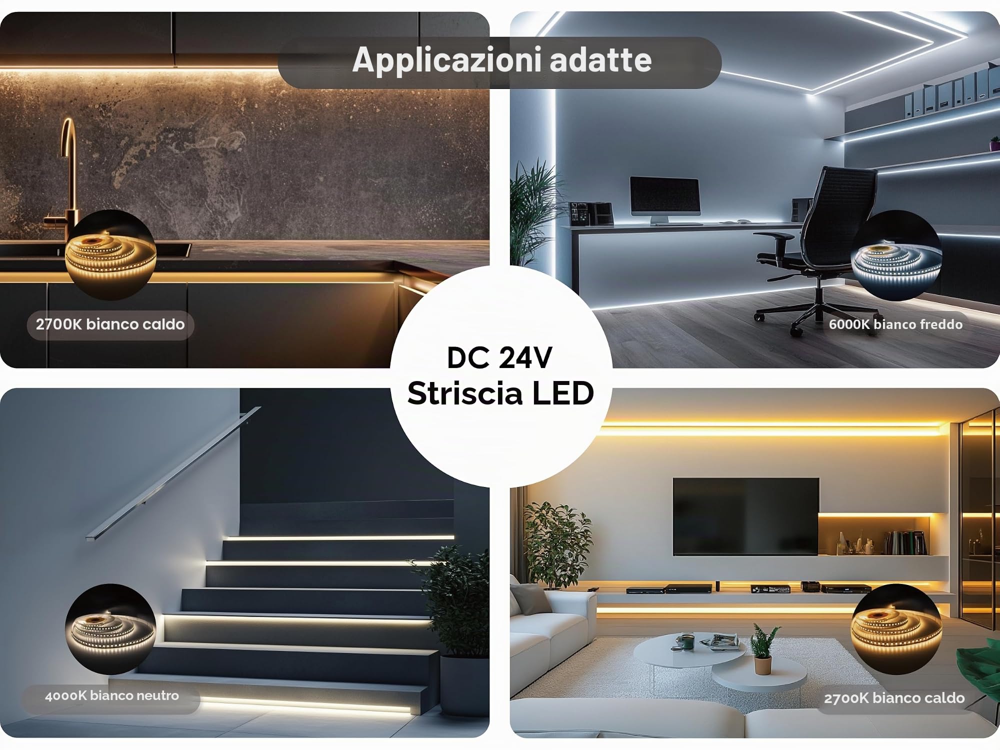 24V Striscia LED 5m Bianco Neutro 4000K 240LEDs/m 22W/m 16500lm SMD 2835 Dimmerabile Strip Nastro LED Autoadesiva Illuminazione Decorativa