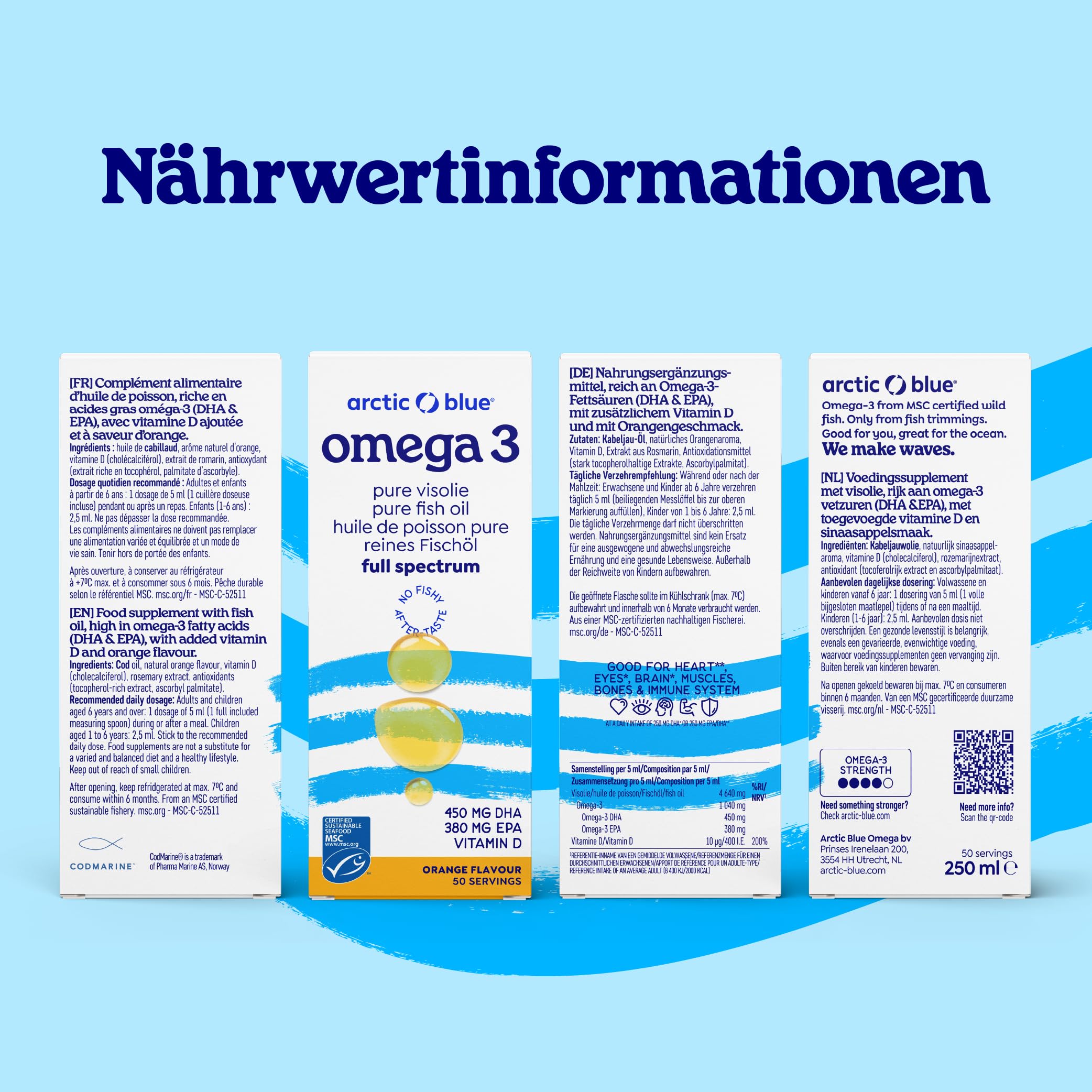 Arctic Blue Omega 3 Fischöl – 250 ml flüssig – MSC-Zertifiziert - hochdosiert mit DHA, EPA und Vitamin D – ohne Aufstoßen oder Fischgeruch – arktisches Fischöl – Orangengeschmack