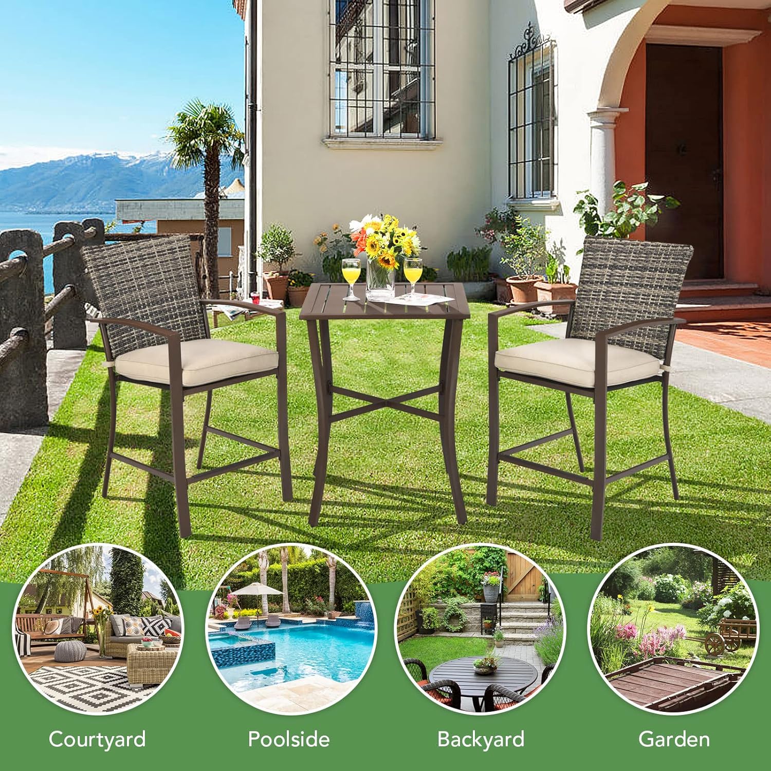Tangkula 3 Piece Patio Bar Set, Outdoor Bar Stool Bistro Set w/ 27.5" Square Table, 2 Wicker Cushioned Chairs, Ergonomic Armrest & Backrest, All-Weather Outdoor Rattan Furniture Set