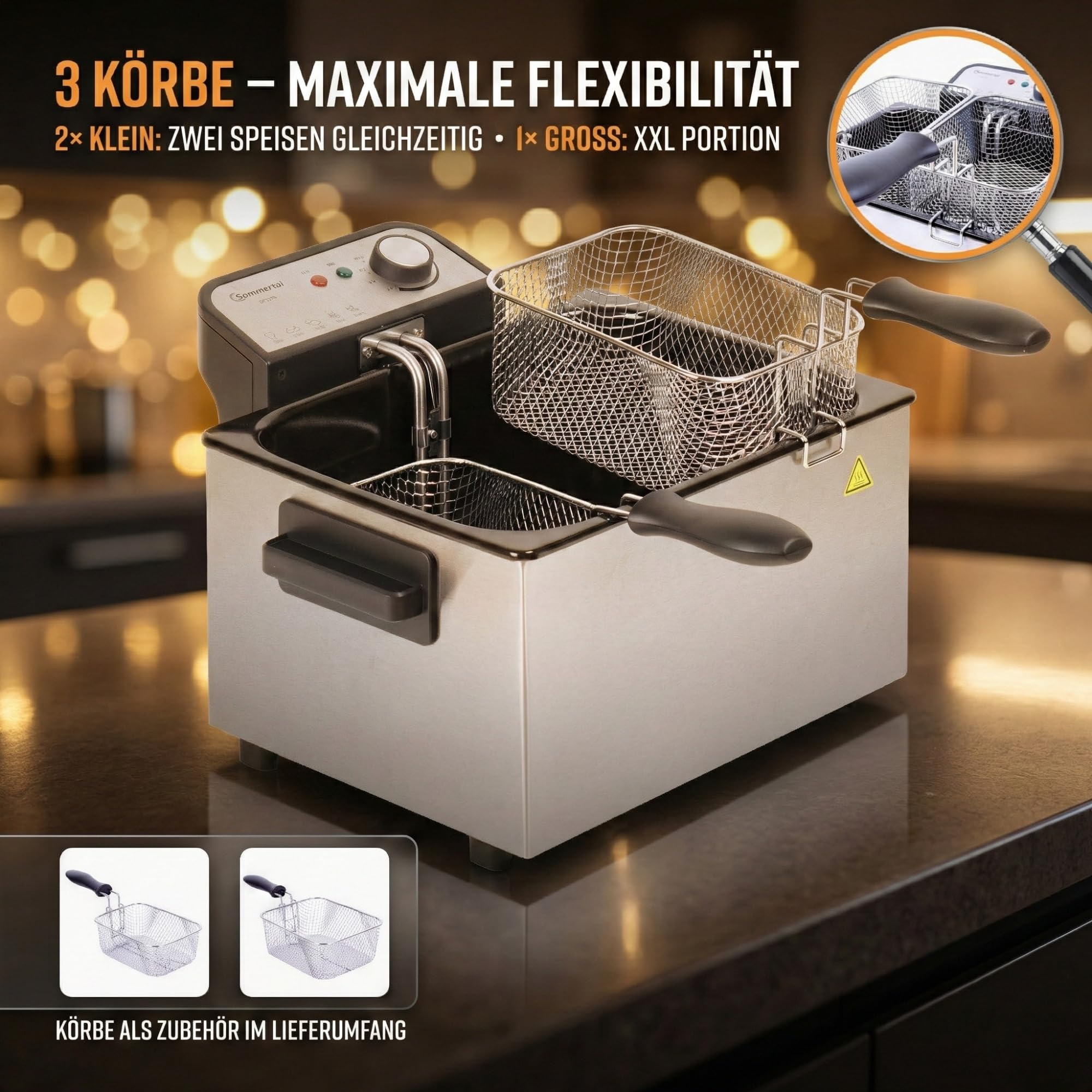 Sommertal DF3270 Friteuse double XXL 5 L | 3000 W, 3 paniers, zone froide
