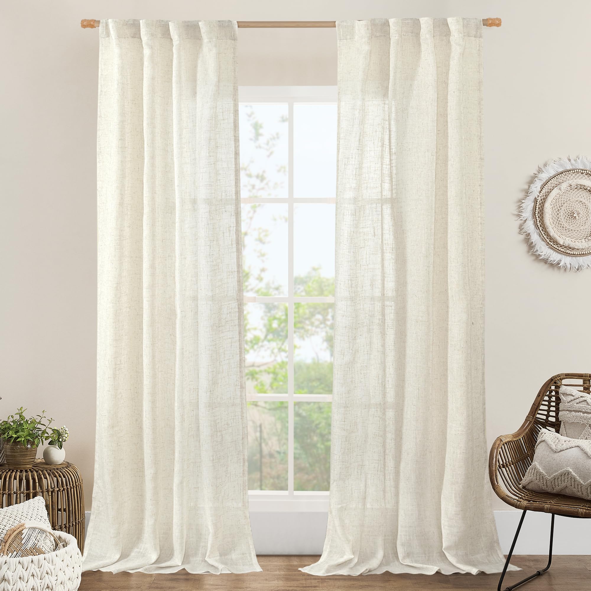 LAMIT 38 Inch Width Semi Sheer Linen Curtains 2 Panels, Cream Ivory Light Filtering Panels Back Tab and Rod Pocket Boho Neutral Drapes for Living Room/Bedroom/Farmhouse, 38 x 84 Inch โ image 1