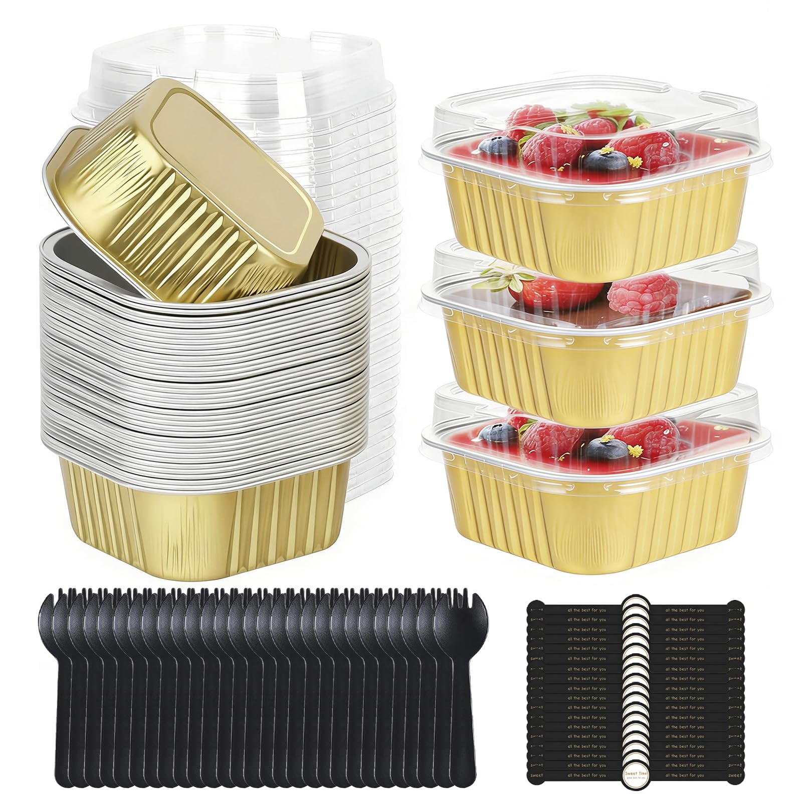YDAKGUEY 200 Pcs Mini Loaf Cake Cases, 50 Sets Dessert Cups with Lids Spoons and Stickers, Mini Cake Tins for Bread Cake Wedding Birthday Picnic Party (Gold, Square)