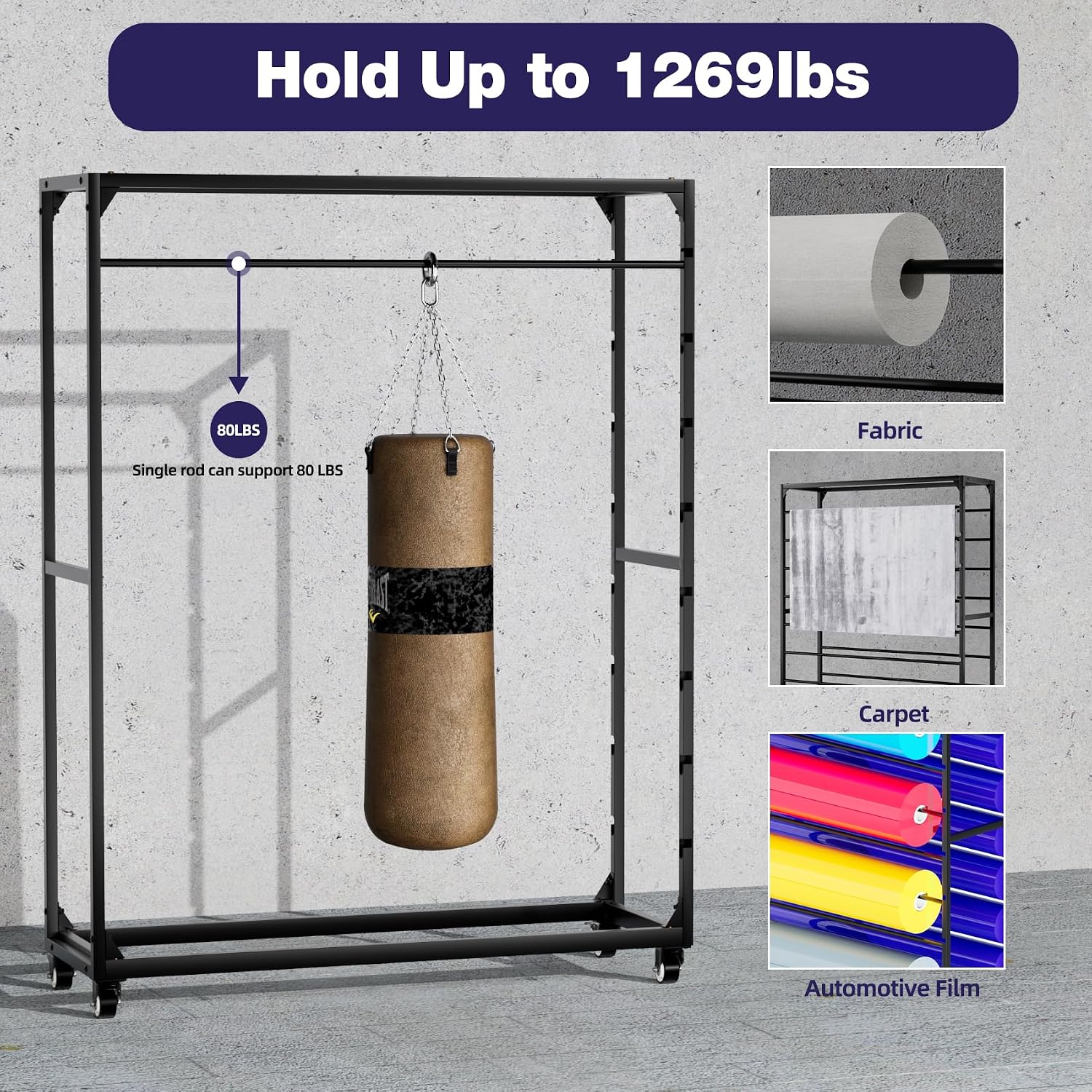 Vinyl Roll Rack Holder Organizer,Heavy Duty Fabric Textile Roll Storage Cart with 16 Removable Bars,Large Display Shelf for Craft Ribbon,Carpet Rolls,Wallpaper,Metal/Black(16 rods)