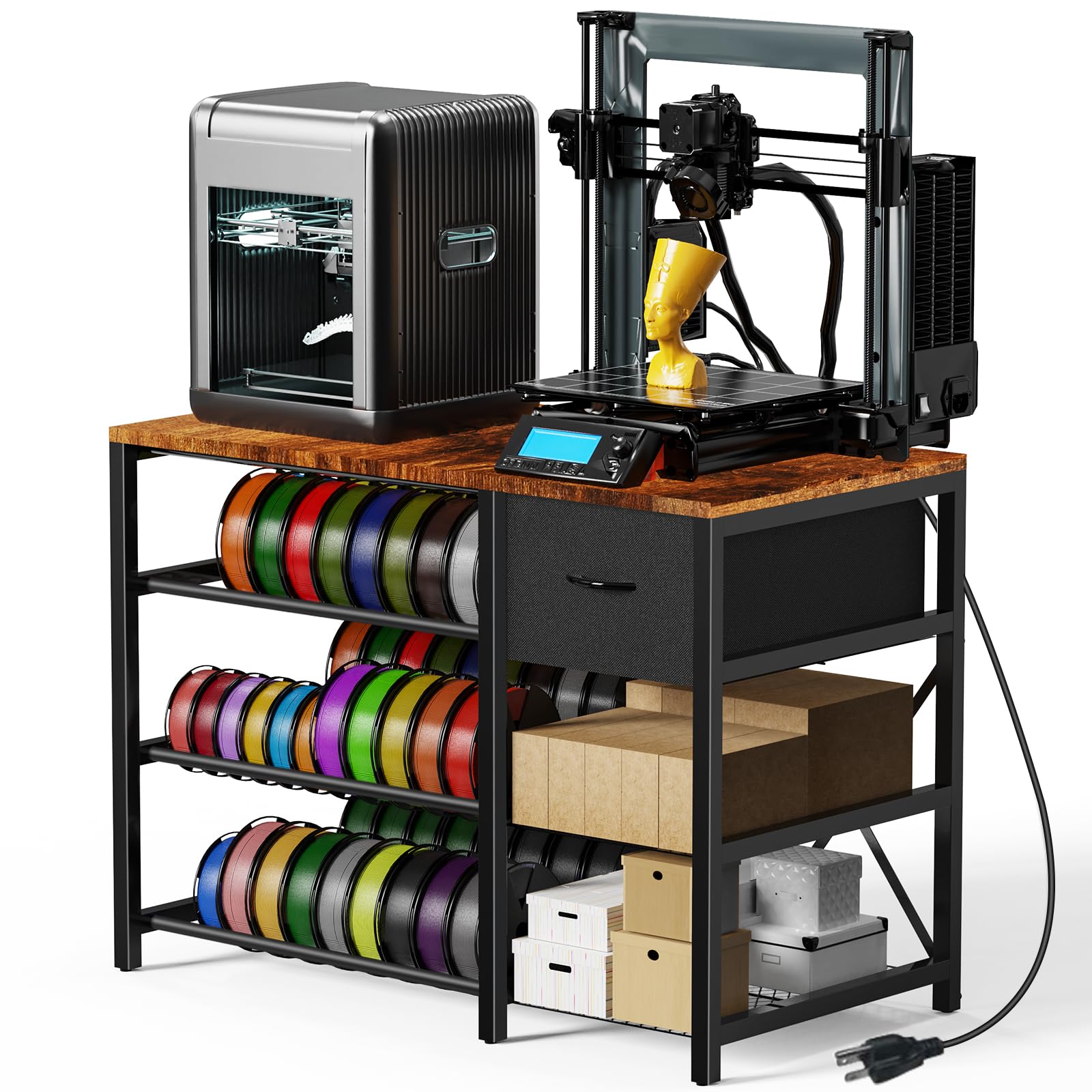 Photo 1 of GUULIBERA 3D Printer Stand with Filament Storage Rack, 3D Printer Table with Power Outlet, 3-Tier Filament Holder with Drawer, 3D Printer Filament Stand Organized for Office Workshop Studio Office
