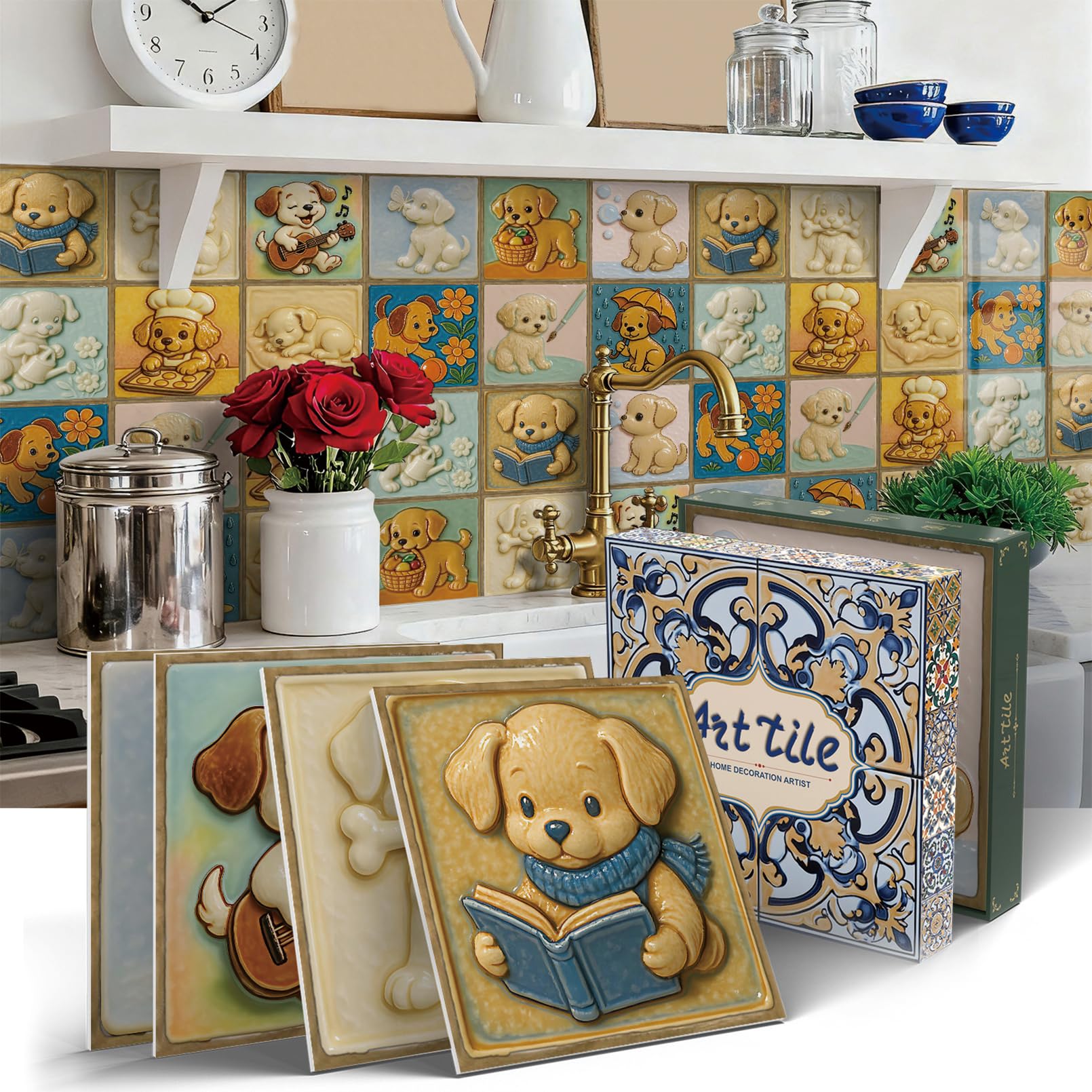 Calcomanías decorativas de pared, 12 hojas de 6 x 6 pulgadas, azulejos de pared impermeables de polietileno HD para cocina, baño, armarios, perros