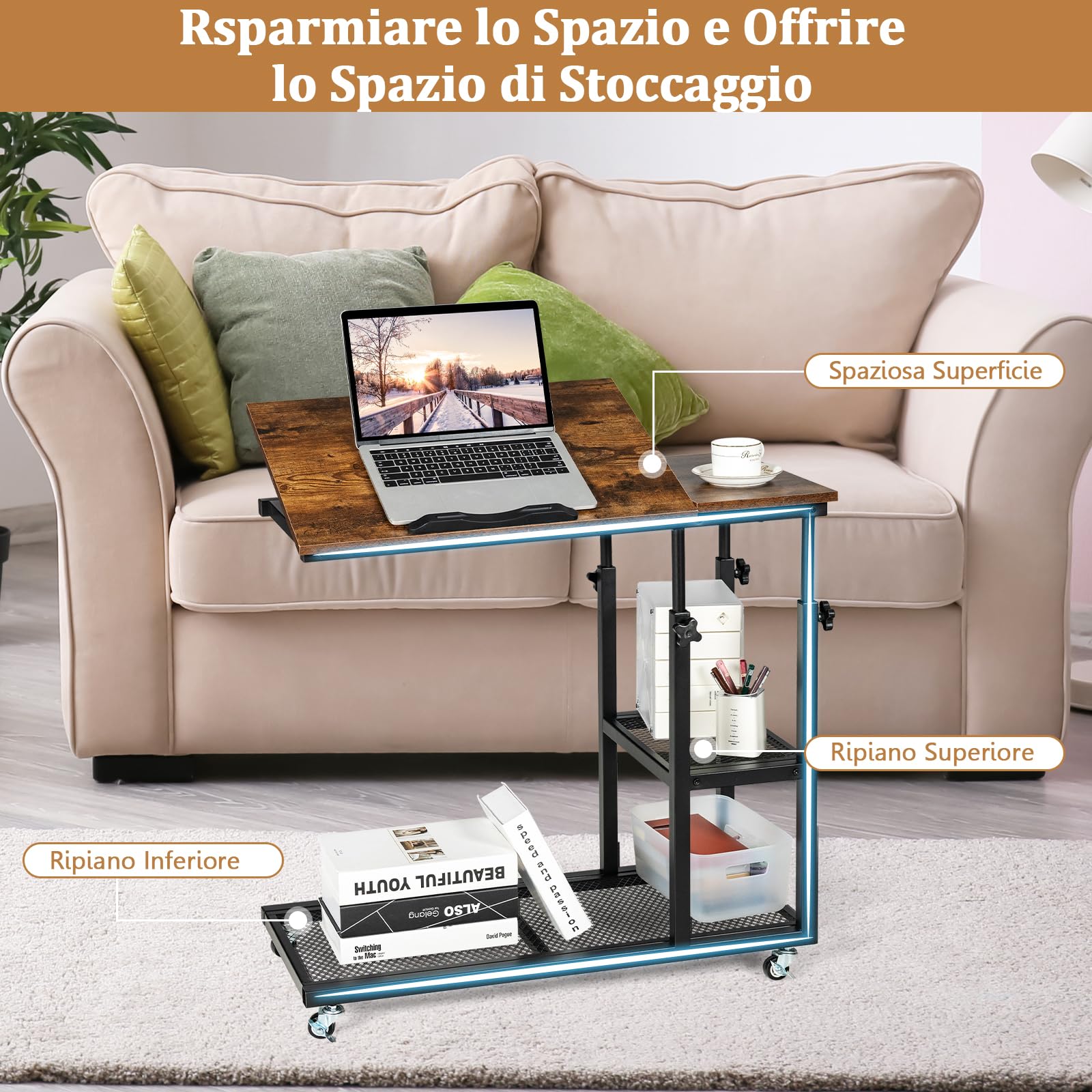 GYMAX Tavolino Regolabile a Forma di C, Tavolino da Divano con Piano Inclinabile, con Ruote Girevoli a 360°, per Soggiorno e Camera da Letto (caffè)