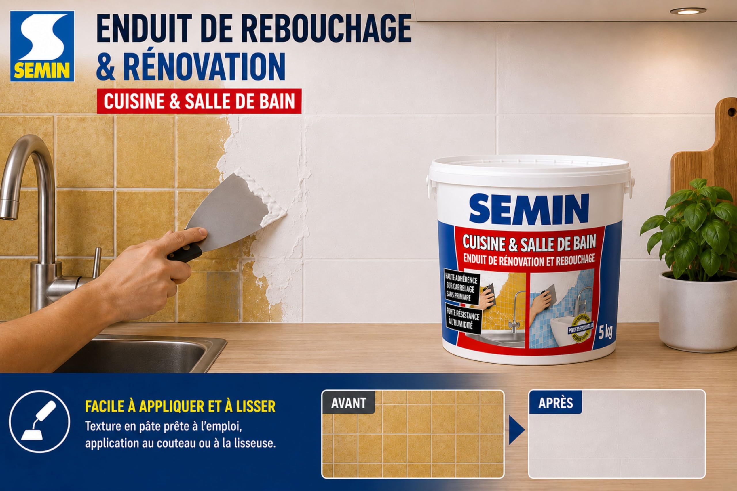 SEMIN Enduit de Rebouchage & Rénovation Cuisine et Salle de Bain 5kg – Enduit Prêt à l’Emploi, Haute Adhérence sur Carrelage sans Primaire, Résistant à l’Humidité, Murs Intérieurs - Lot de 5