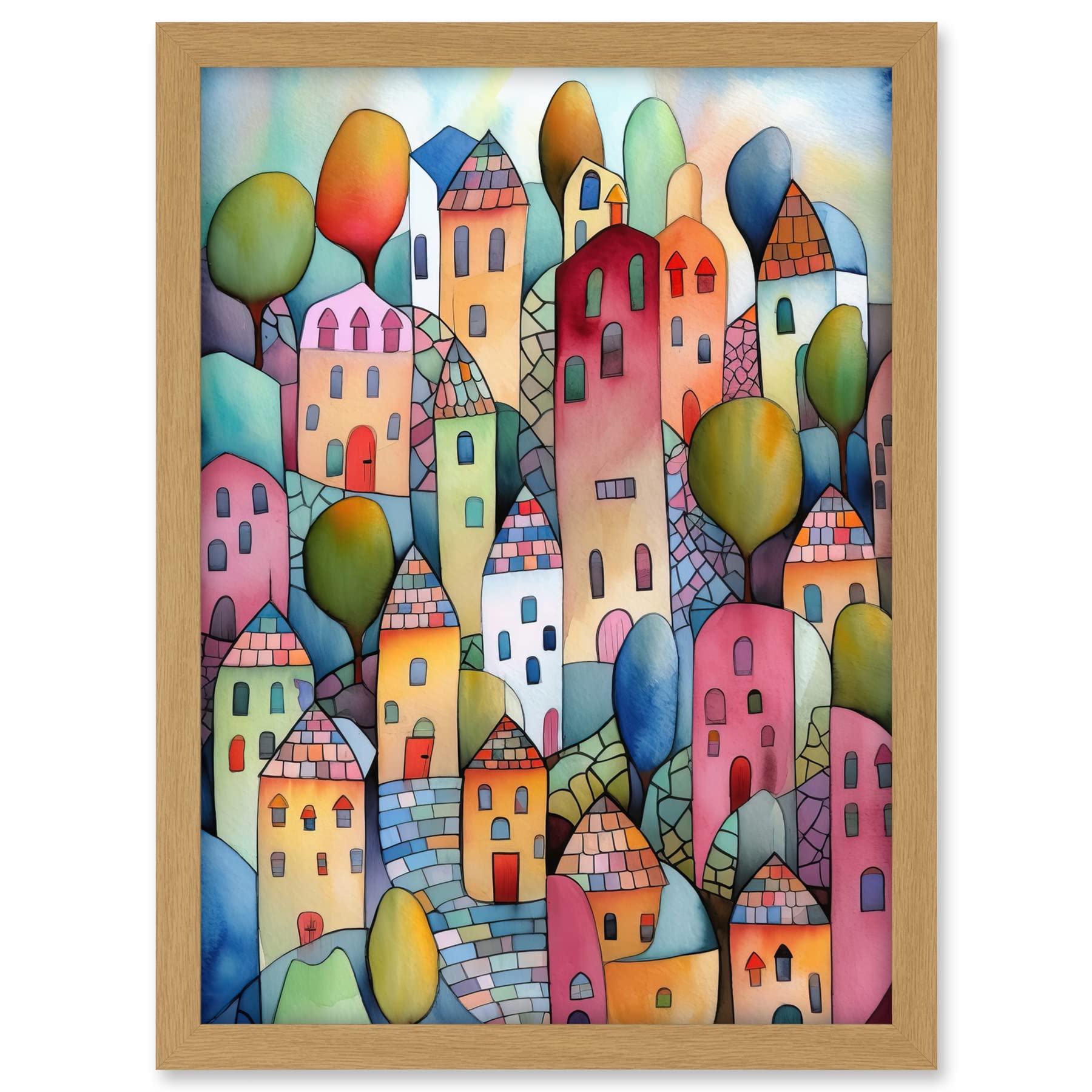 Artery8 Village On The Hill Cobble Streets Folk Art Artwork Framed A3 Wall Art Print