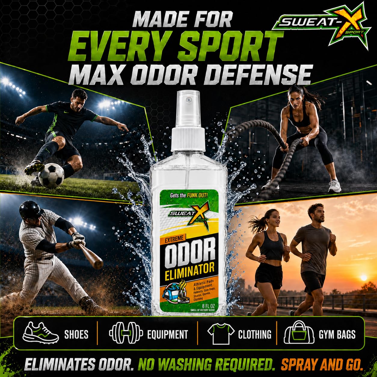 SweatX Extreme Odor Spray – Mehrzweck-Deodorierer ohne Waschen – ideal für Schuhe und Fitnesskleidung – Victory Scent (236 ml)