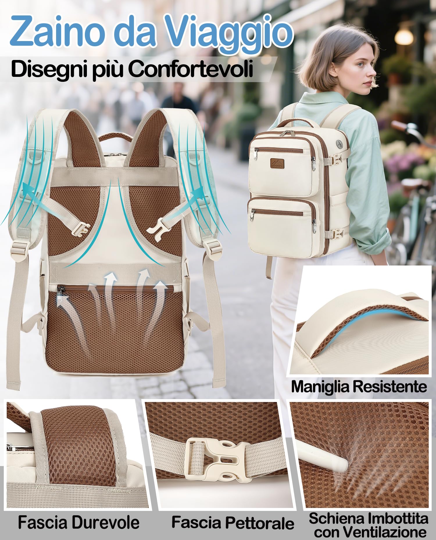 LYNXCHER Zaino Ryanair 40x20x25 da Viaggio Aereo Bagaglio a Mano 20L per Uomo e Donna Borsa da Cabina 14 Pollici Porta PC Riso Bianco