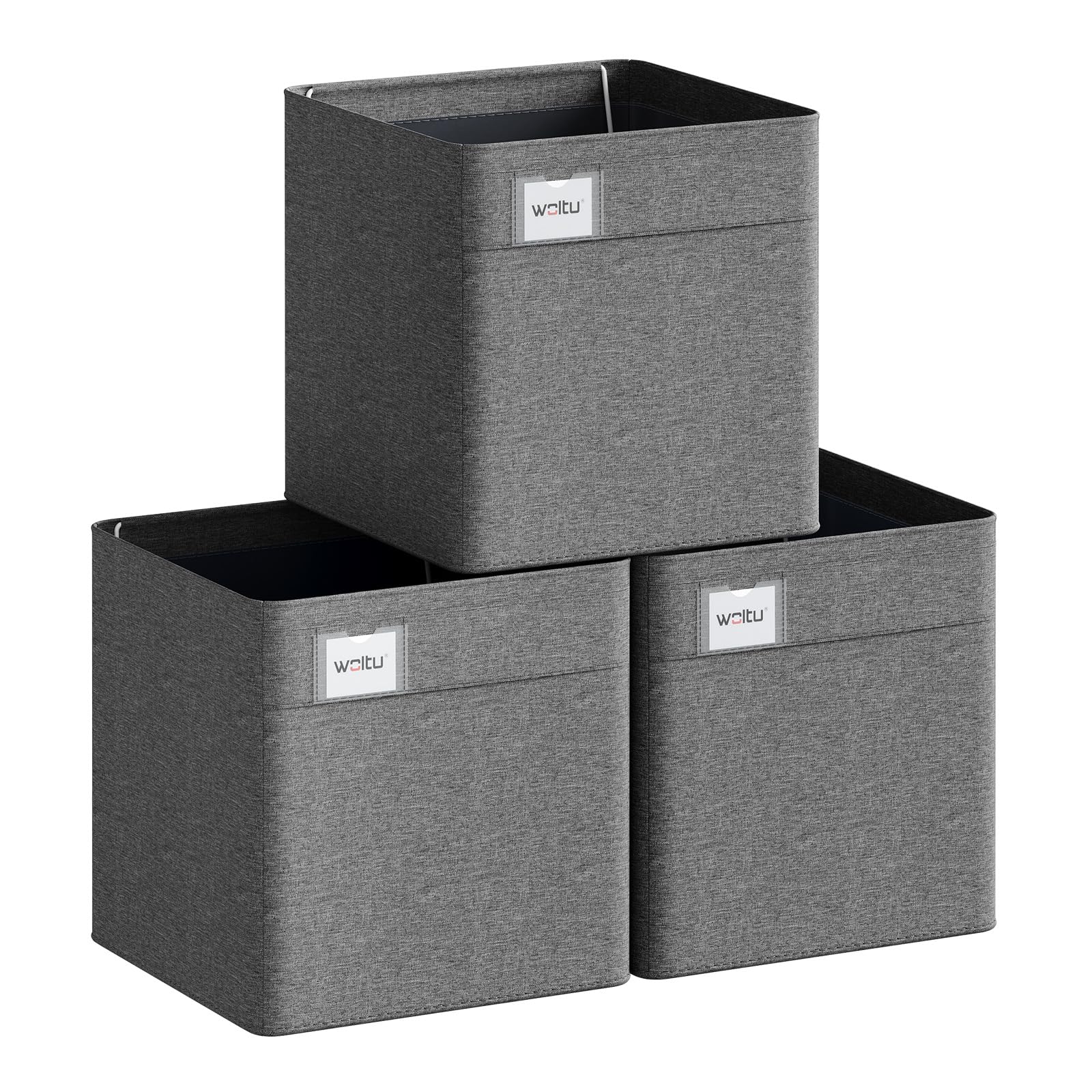 Woltu Grey Collapsible Storage Boxes Set Of 3, Fabric Storage Cubes With Handles And Label Holders, Wardrobe Organisers For Shelves, Bedroom, Living Room, Office, Dark 26X26x25.5cm