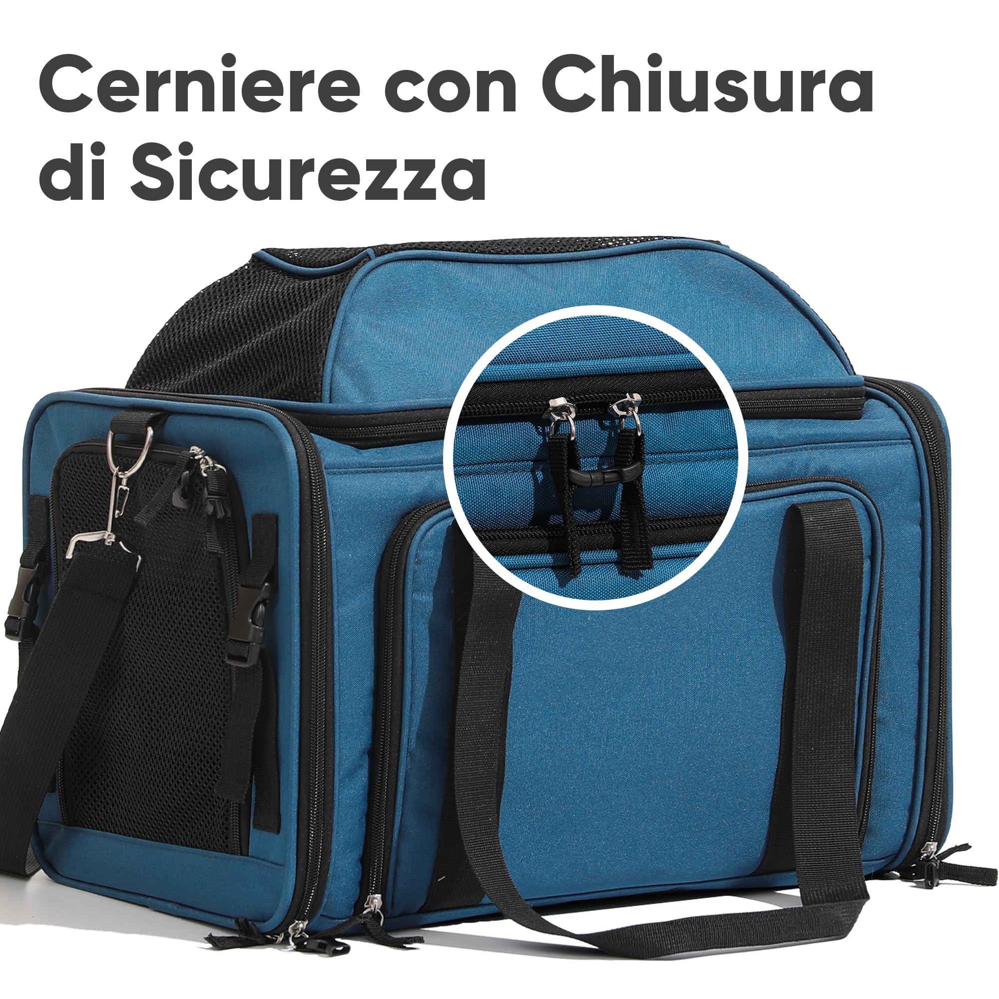 FUKUMARU Trasportino Gatto Espandibile, Morbido e Ventilato, Approvato Compagnie Aeree, Trasportino Cane Piccolo Resistente con Rete Antigraffio, Sicuro e Antifuga, Blu, 46x28x28 cm